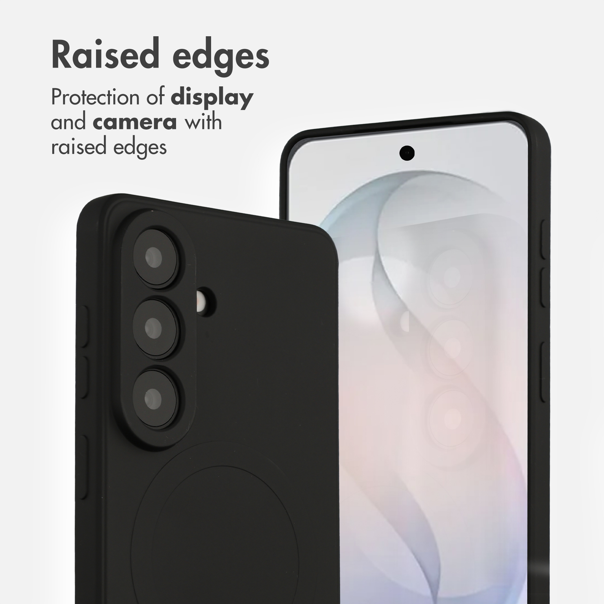 Due smartphone neri con bordi rialzati per proteggere lo schermo e la fotocamera su sfondo chiaro.
