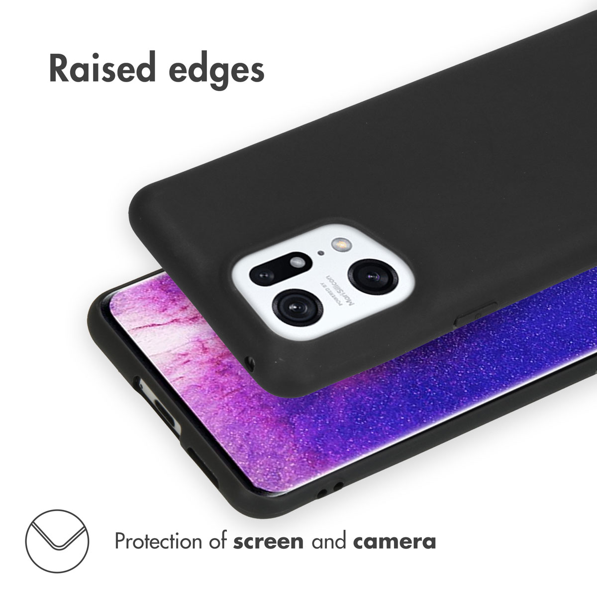 Funda de móvil negra con bordes elevados para proteger pantalla y cámara.