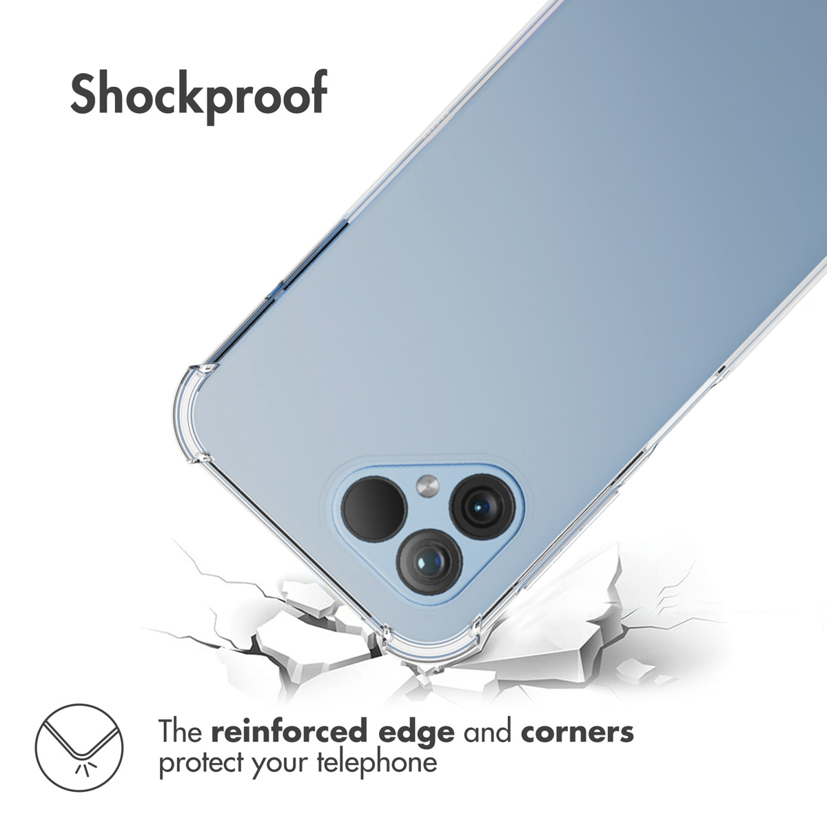 Cover per cellulare blu con angoli rinforzati su superficie rotta e testo Shockproof.