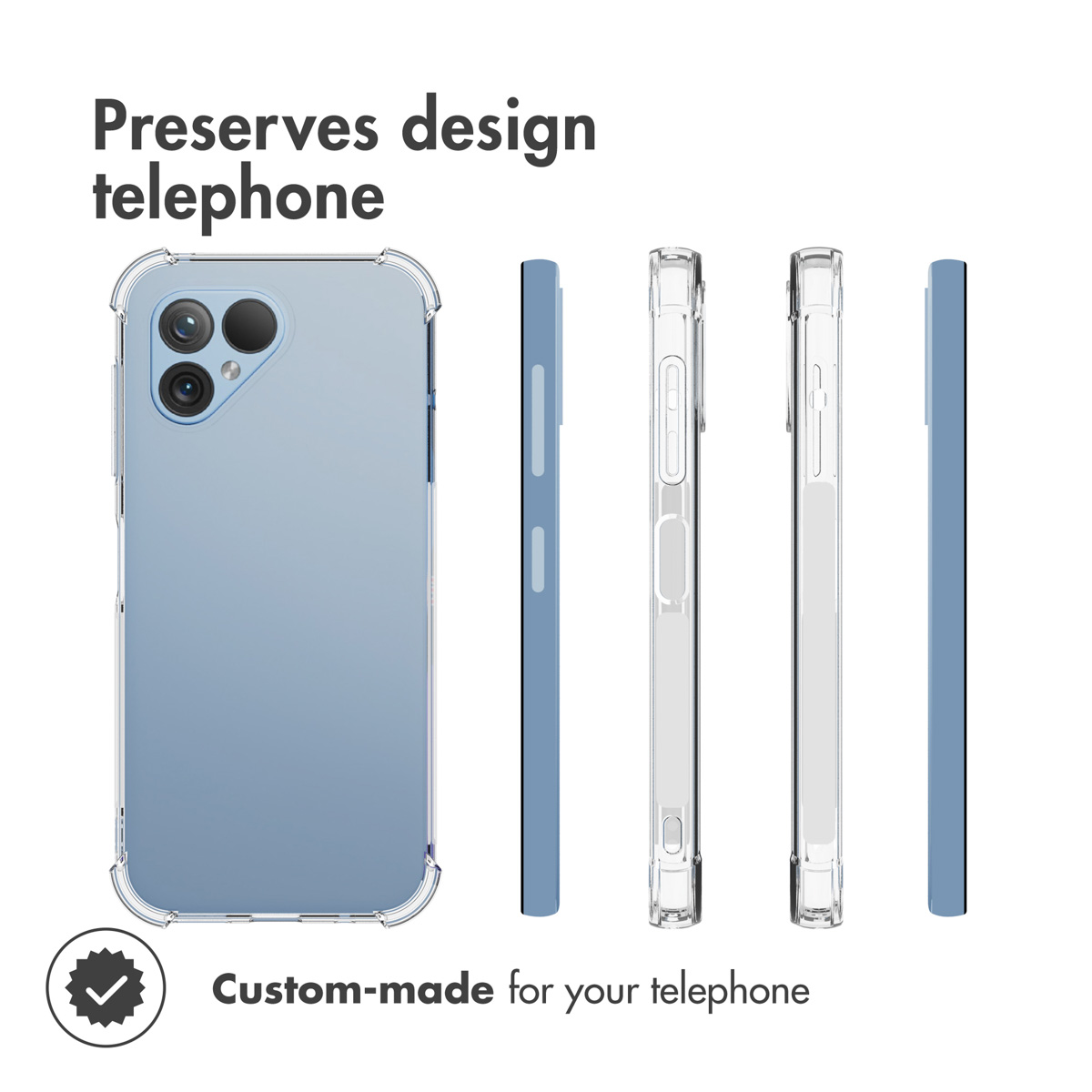 Custodia per telefono blu trasparente mostrata da varie angolazioni con testo.