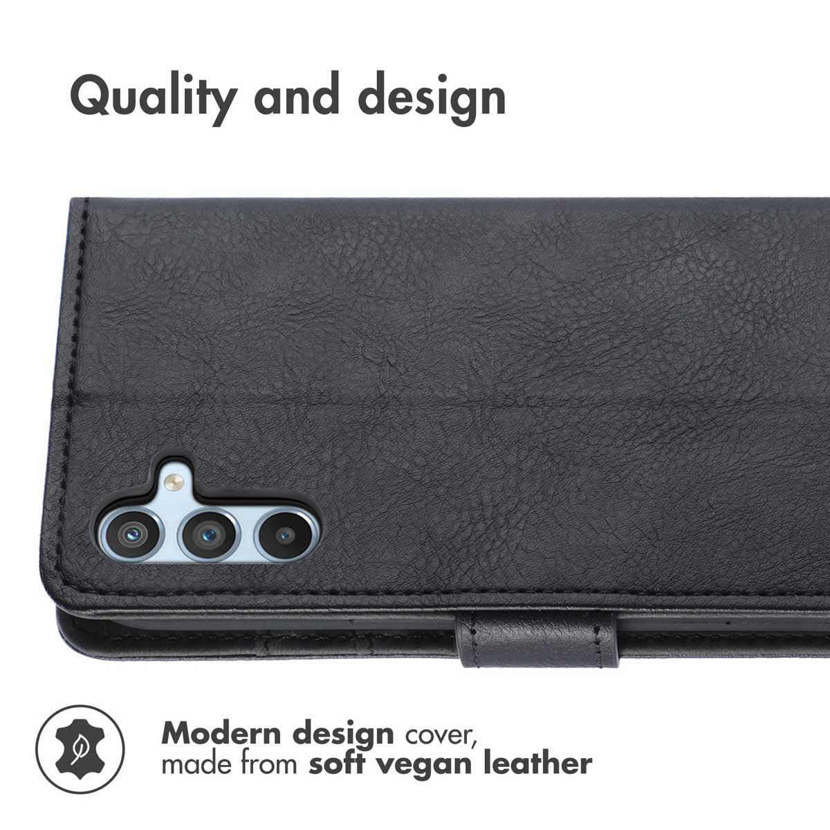 Étui de téléphone en cuir végétalien noir avec texte Quality and design en haut et Modern design cover en bas.