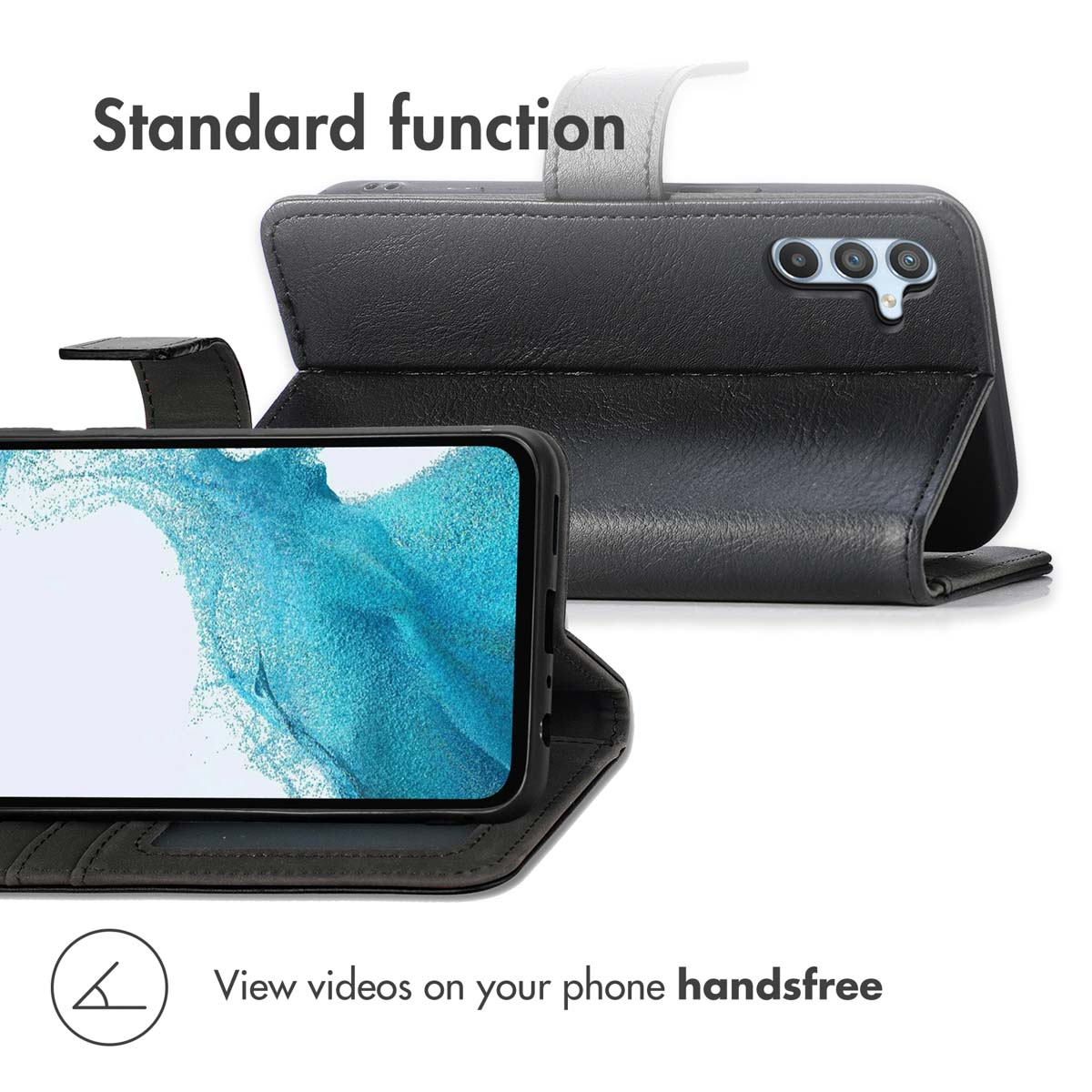 Coque de téléphone en cuir noir servant de support pour regarder des vidéos.