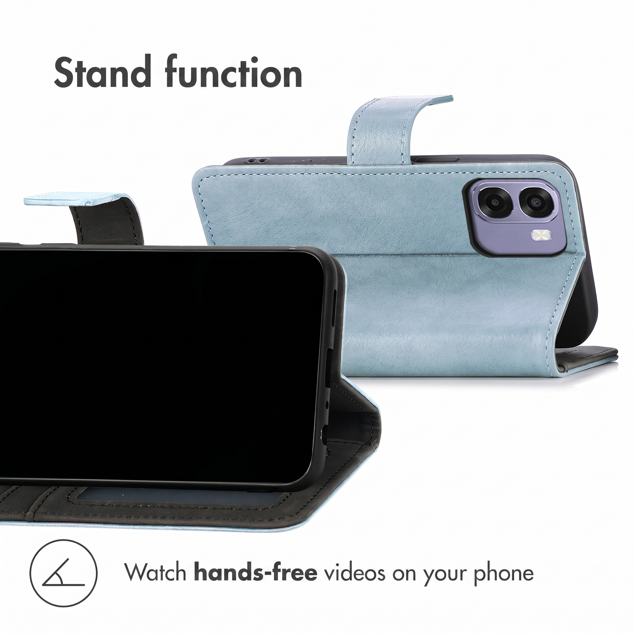 Funda de móvil de cuero azul claro como soporte para ver videos manos libres.