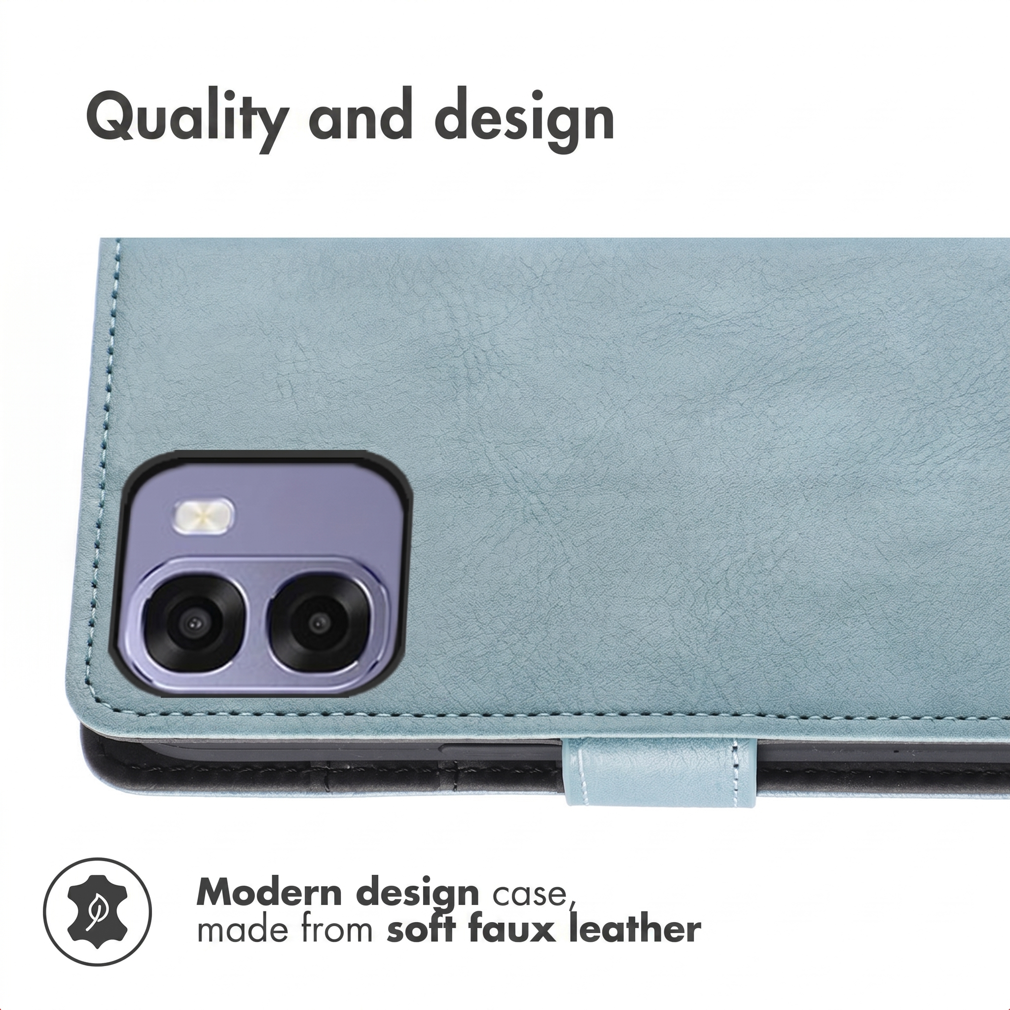 Funda de móvil de piel sintética azul con recorte para cámara y costuras.