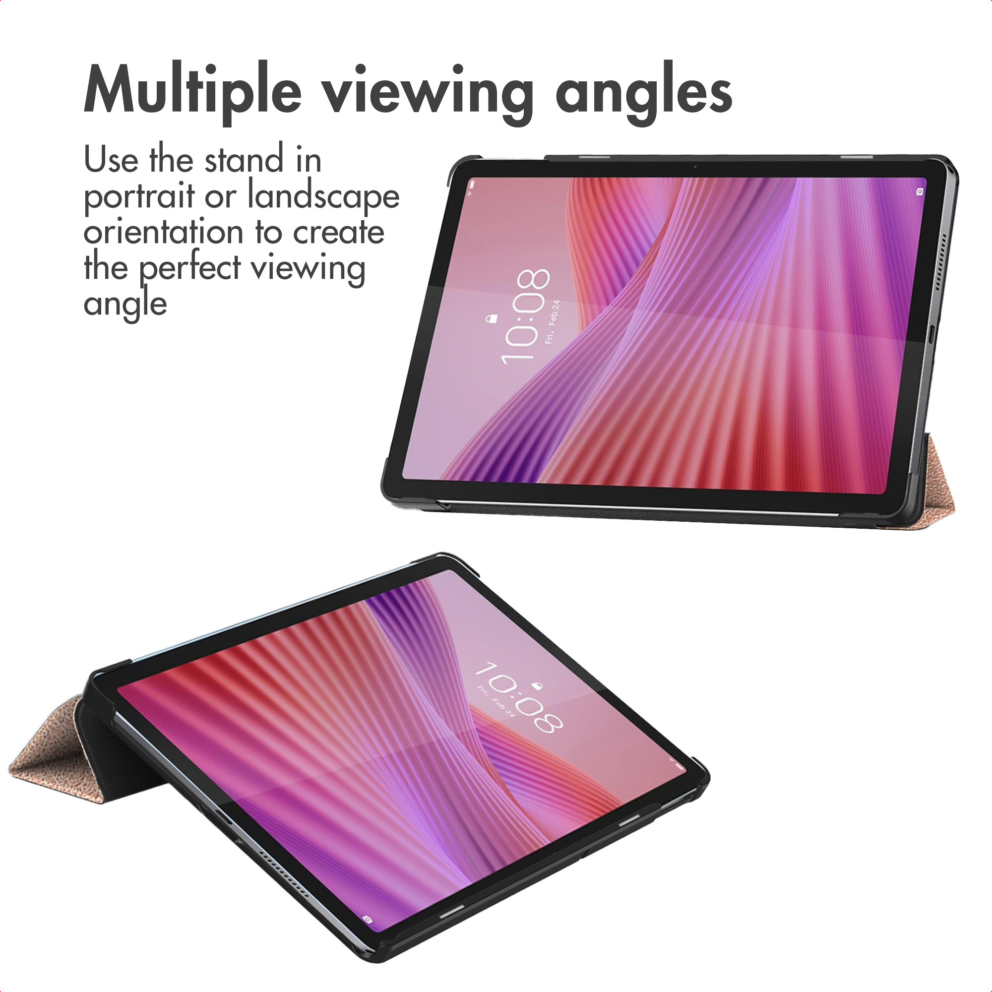 Deux tablettes sur pieds affichent des angles de vision flexibles en portrait et paysage.