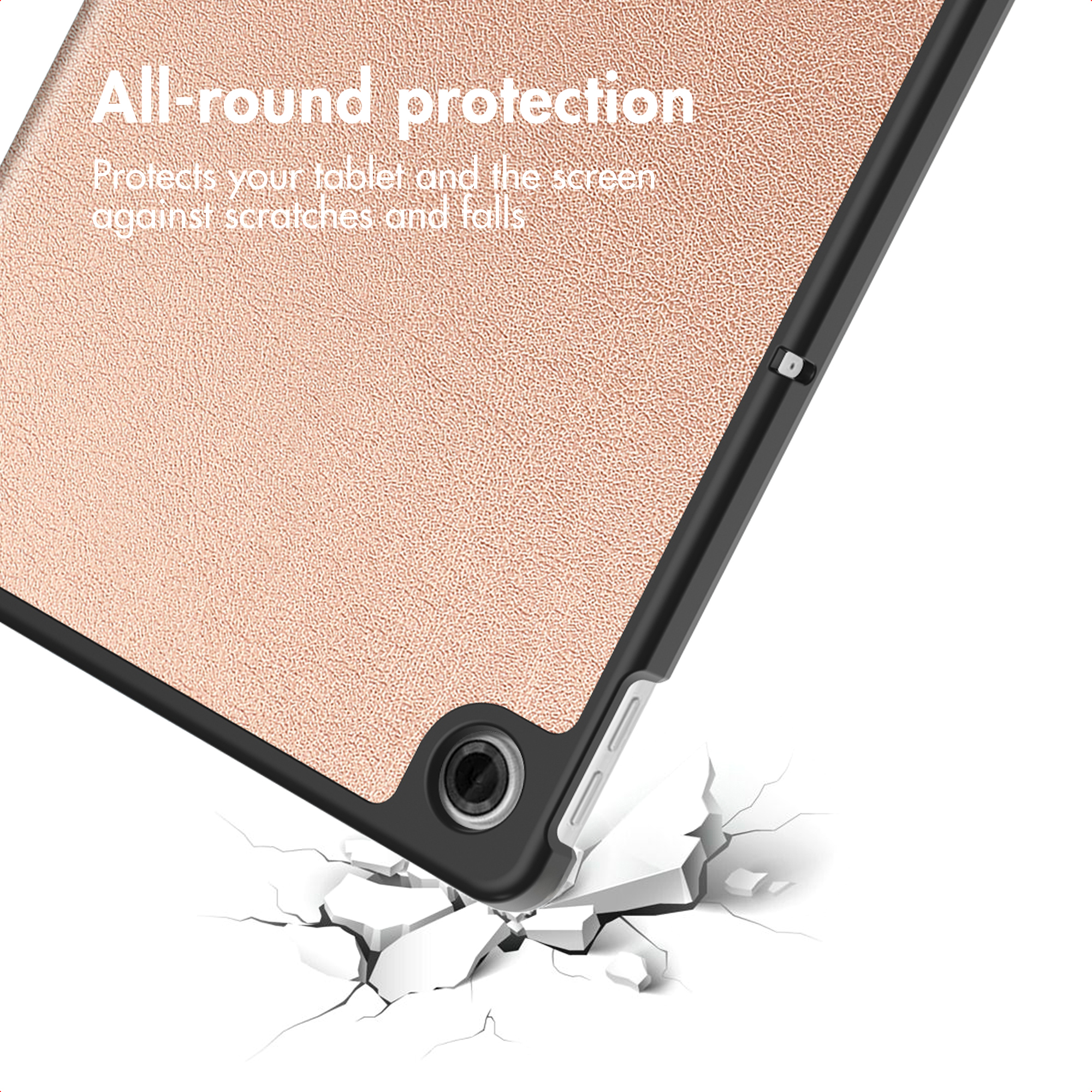 Étui de tablette or rose avec cadre noir frappant une surface fissurée, texte en haut à gauche.