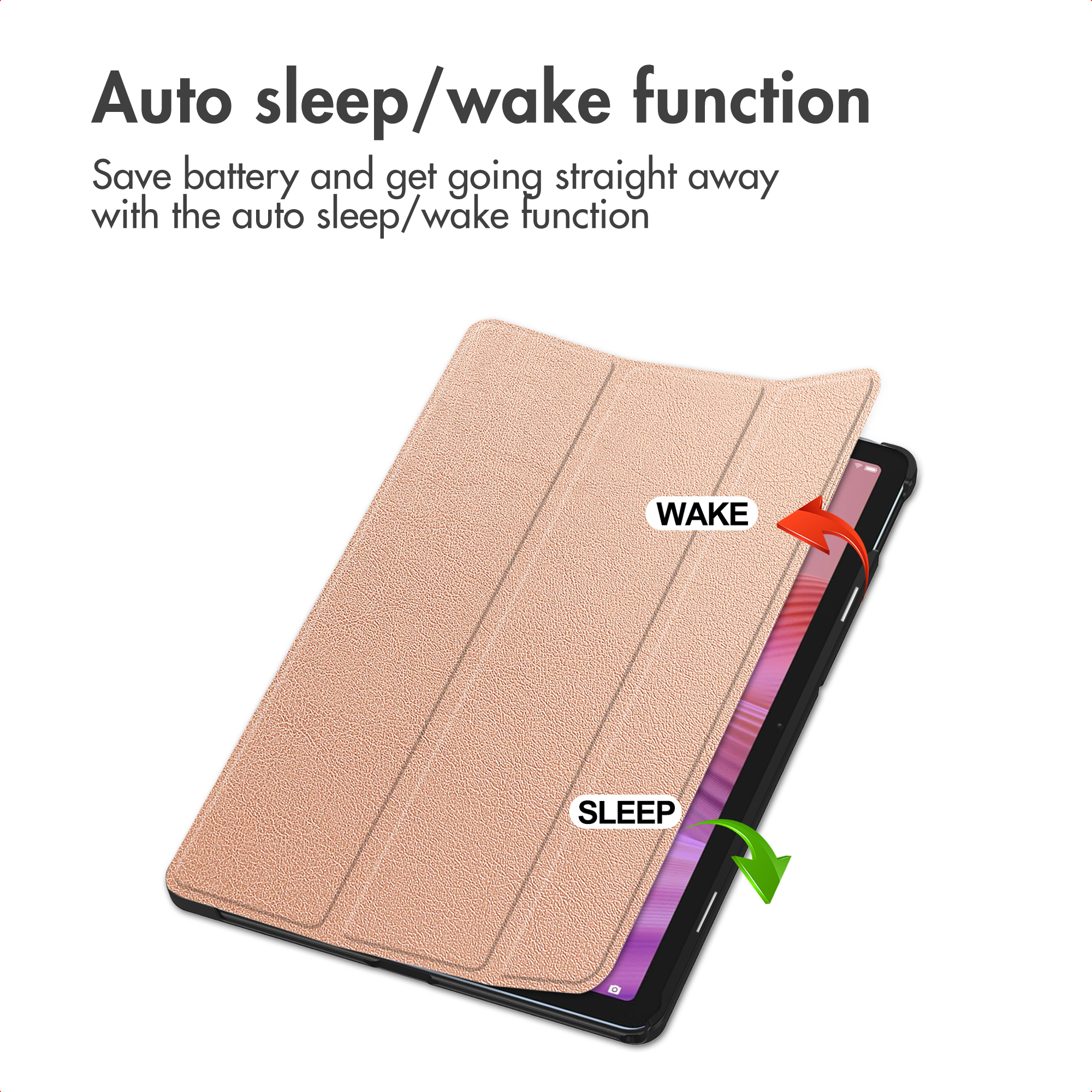 Étui de tablette rose avec fonction veille/réveil automatique.