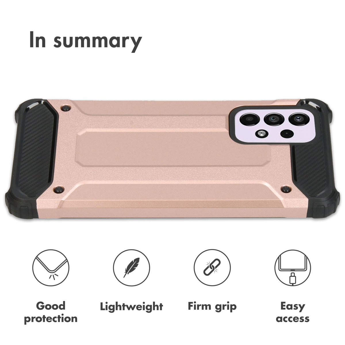 Coque de téléphone dorée avec protection noire et icônes pour protection, légèreté, prise et accès.