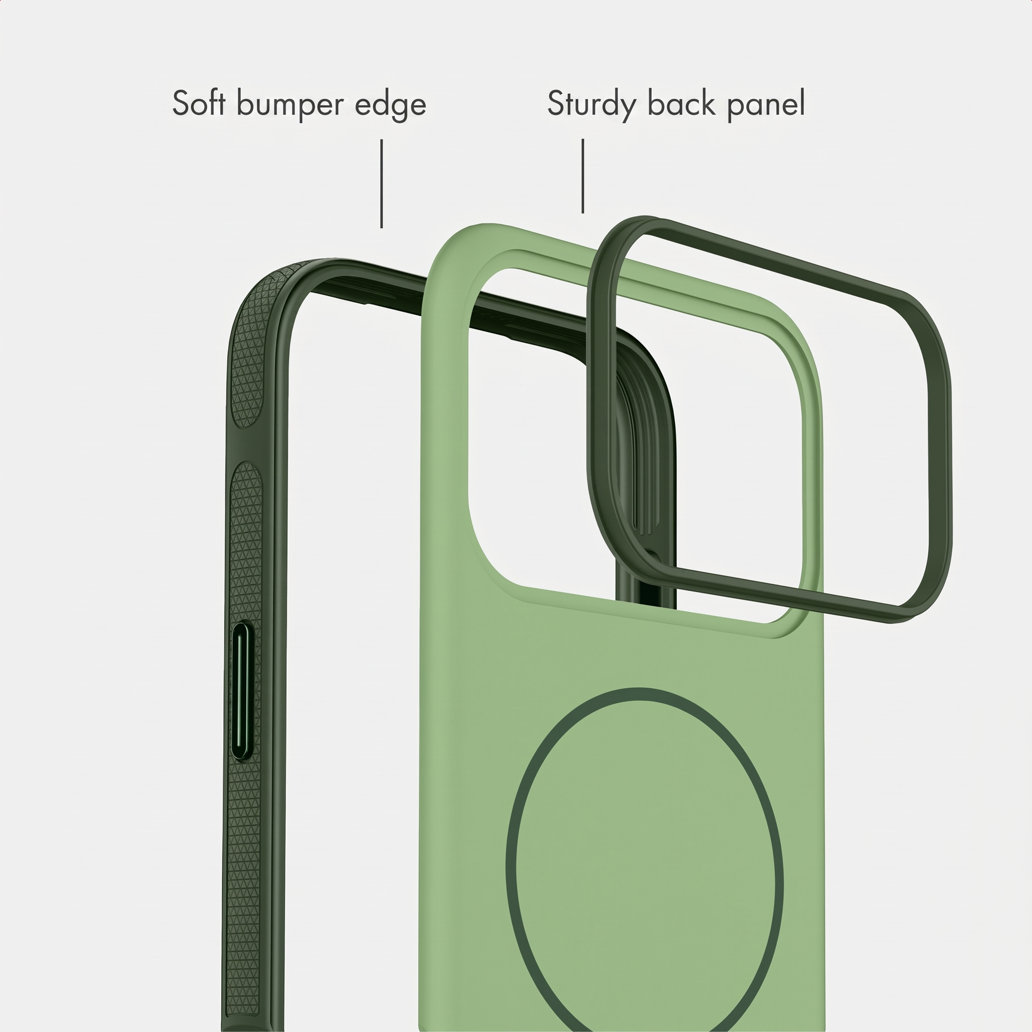 Diagramma che mostra una cover per telefono verde con bordo morbido e pannello.