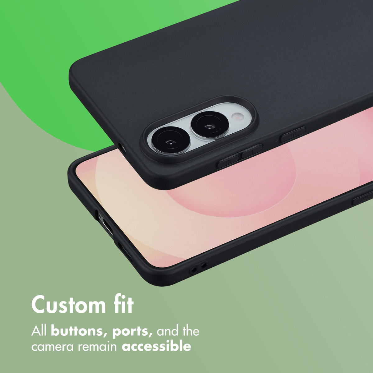 Un teléfono negro en funda protectora sobre fondo verde con texto.