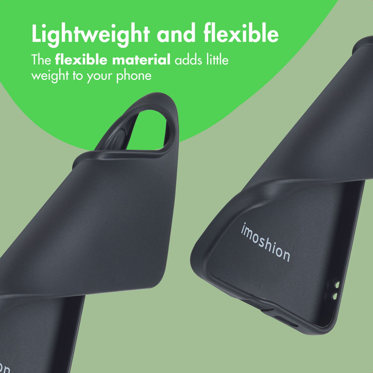 Dos fundas flexibles negras para teléfonos móviles sobre fondo verde con texto promocional.