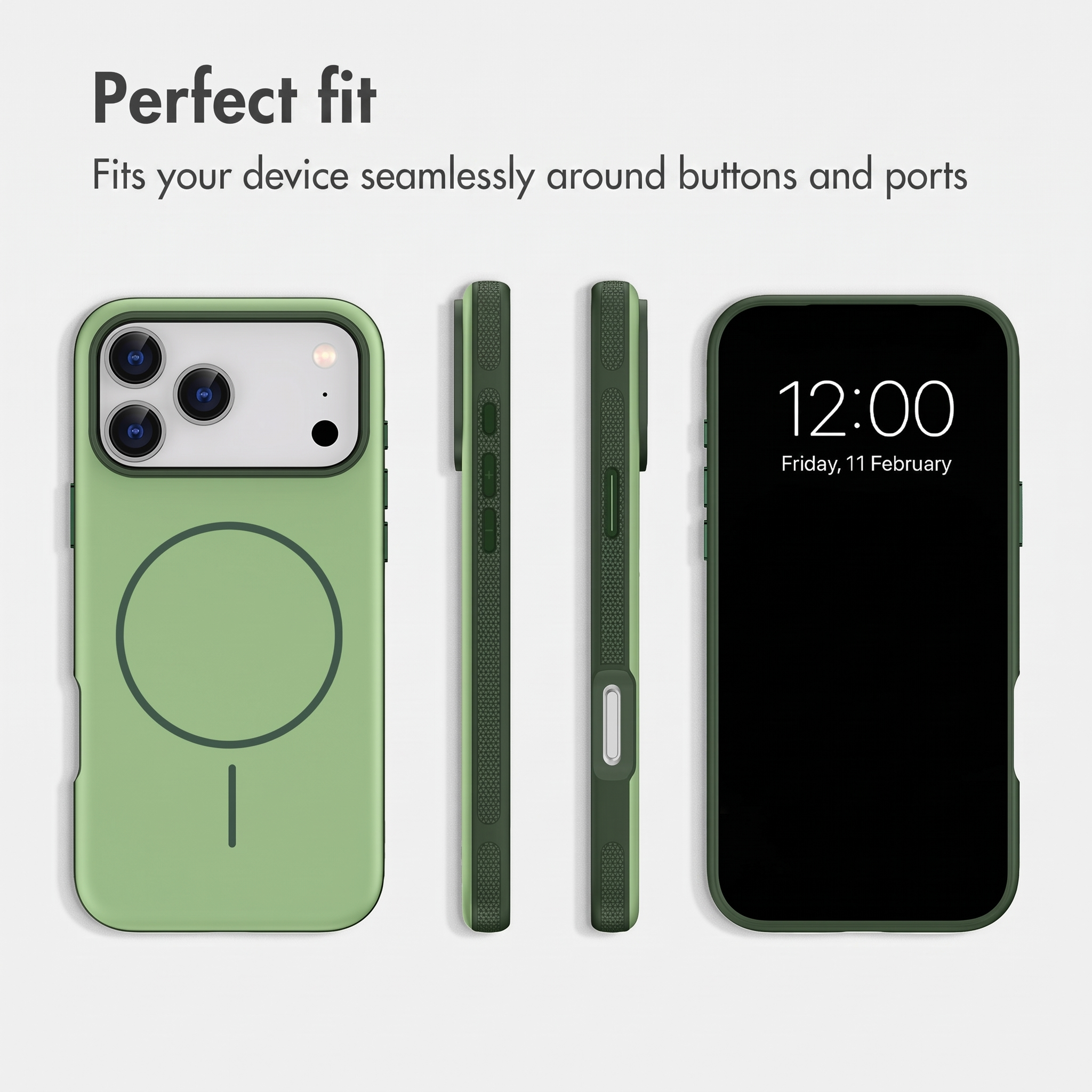 Custodia per smartphone verde in quattro angolazioni con il testo "Perfect fit" e "Fits your device seamlessly".