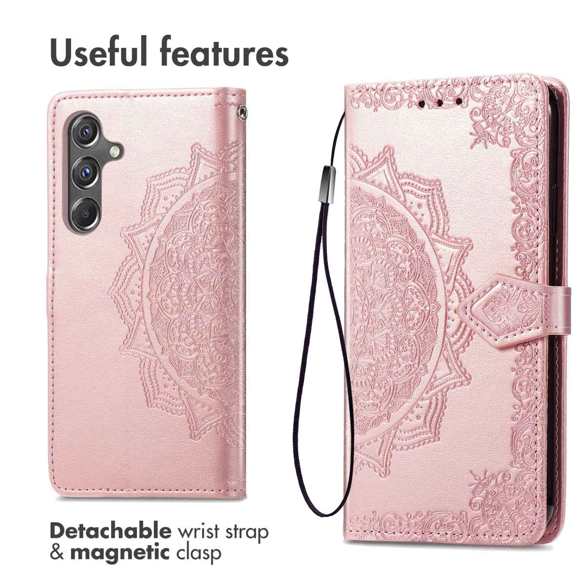Funda de móvil rosa con motivo de mandala, correa de muñeca y cierre magnético.