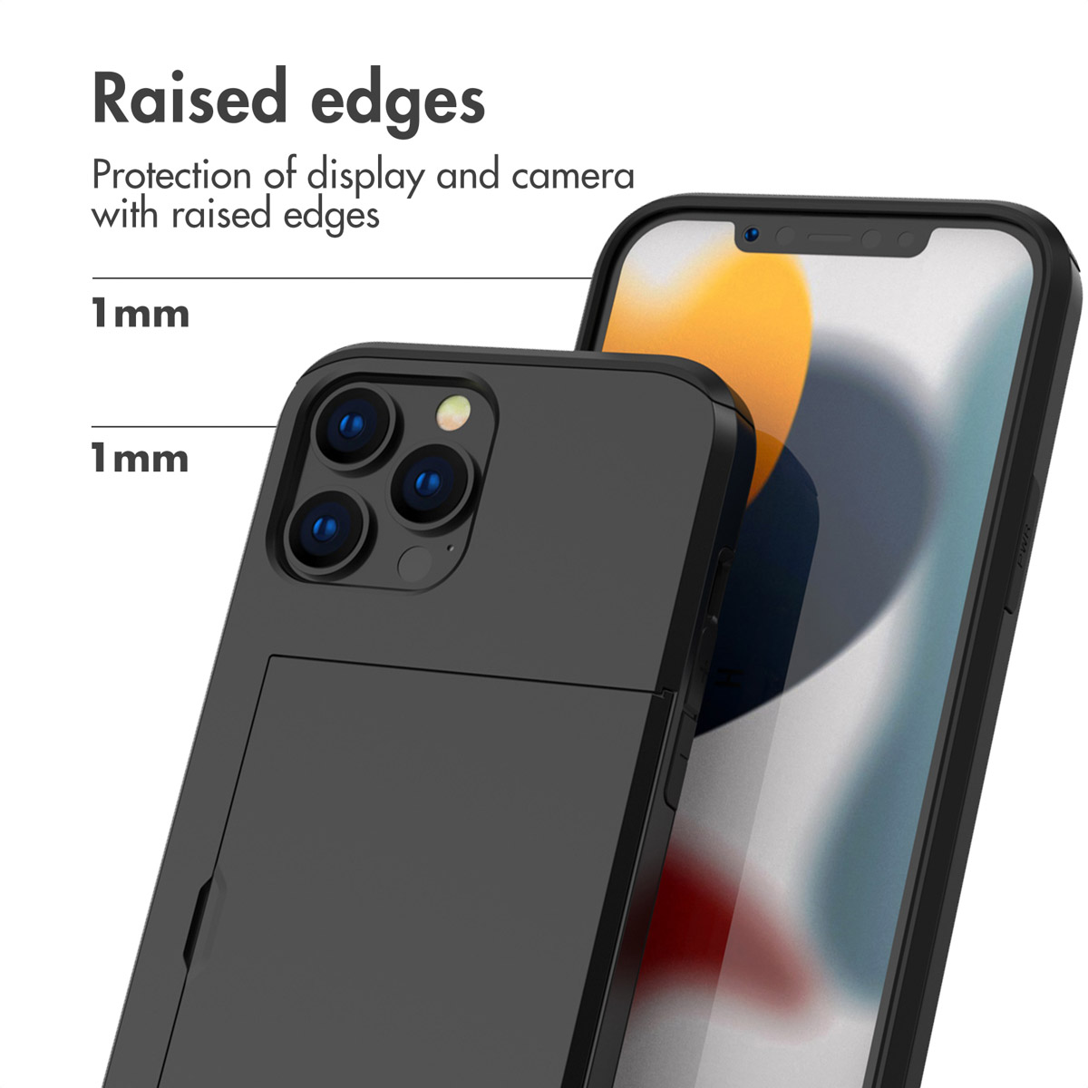 Funda negra para móvil con tarjetero y bordes elevados para proteger la pantalla y la cámara.
