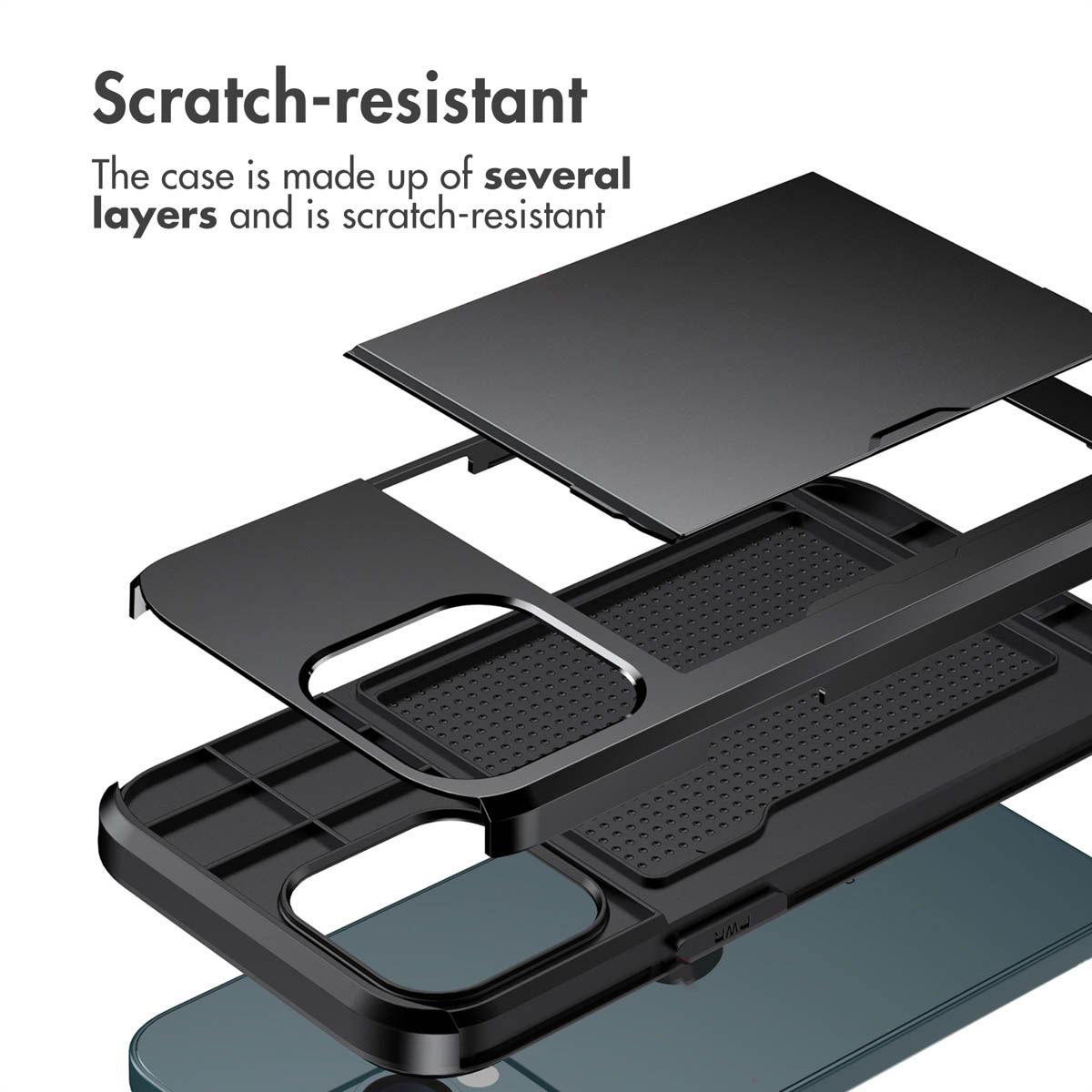 Diagrama de vista explosionada de una funda protectora multicapa resistente a los arañazos.