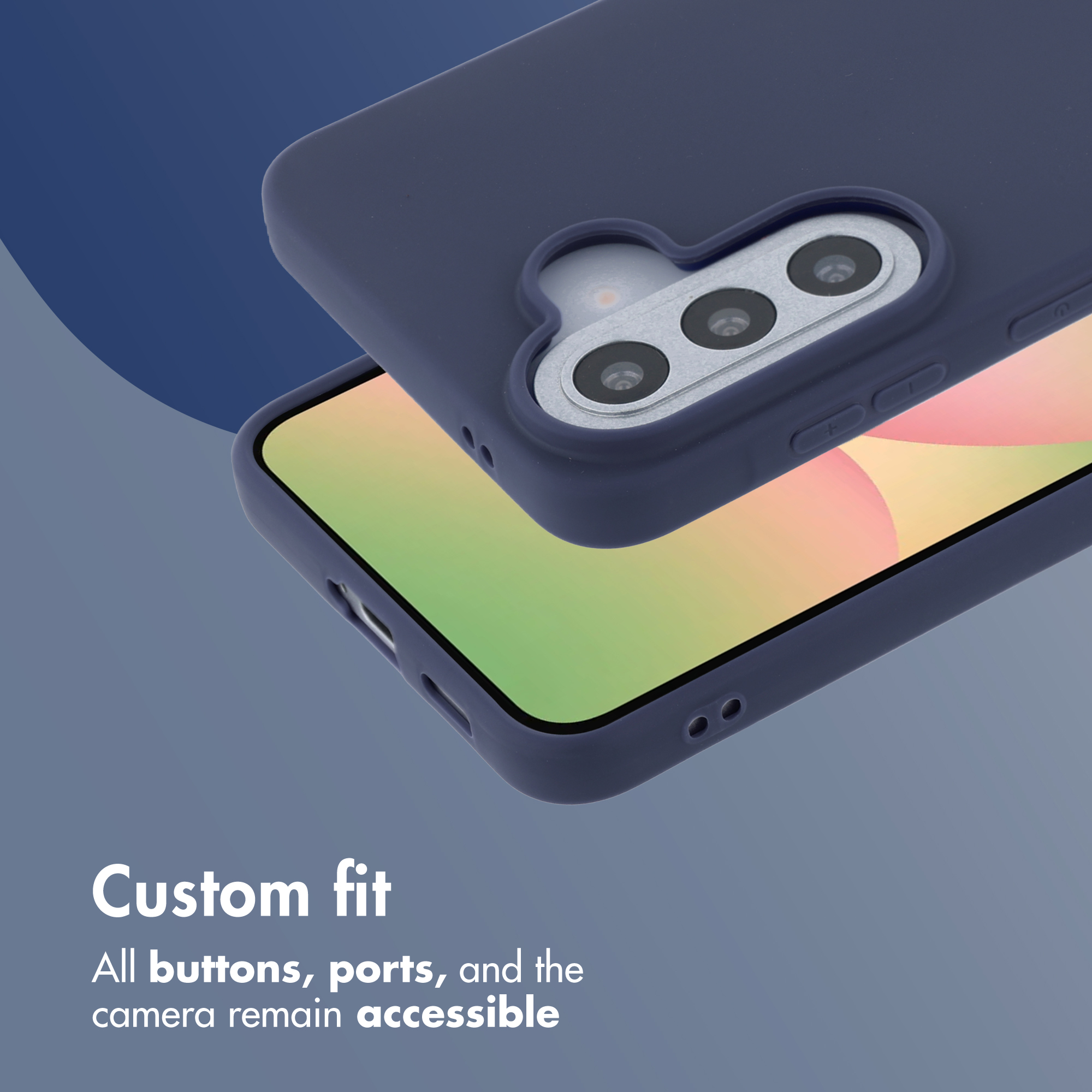 Custodia per telefono in silicone blu scuro con ritagli per fotocamera, pulsanti e porte.