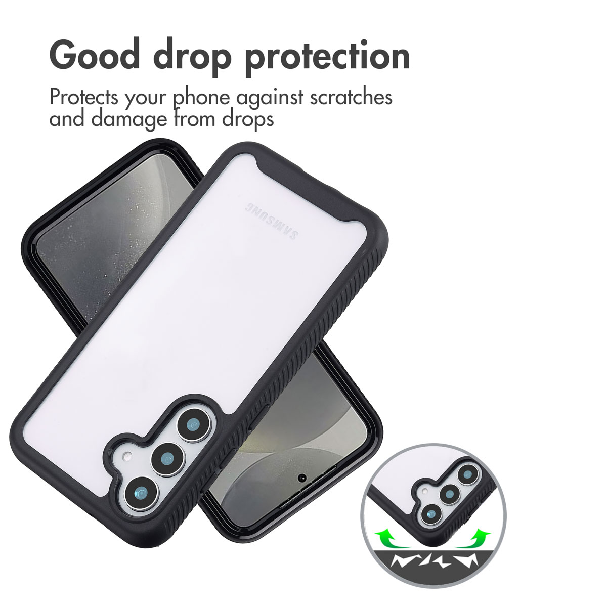 Dos fundas para teléfonos negros con respaldo transparente, que muestran protección contra caídas y recortes.