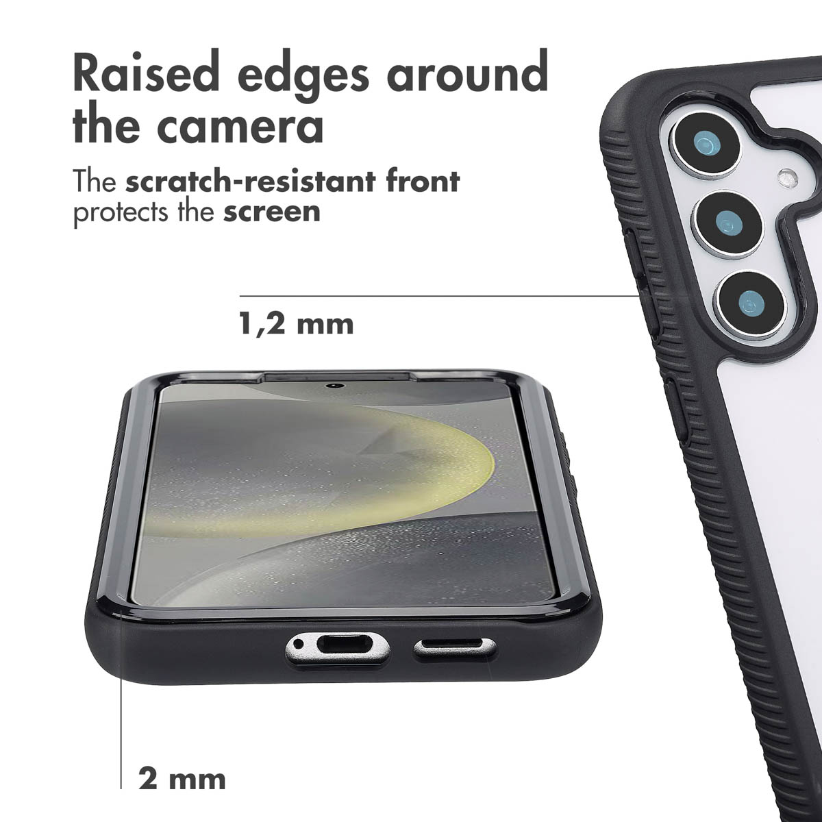 Smartphone con funda protectora con bordes elevados alrededor de la cámara y pantalla.
