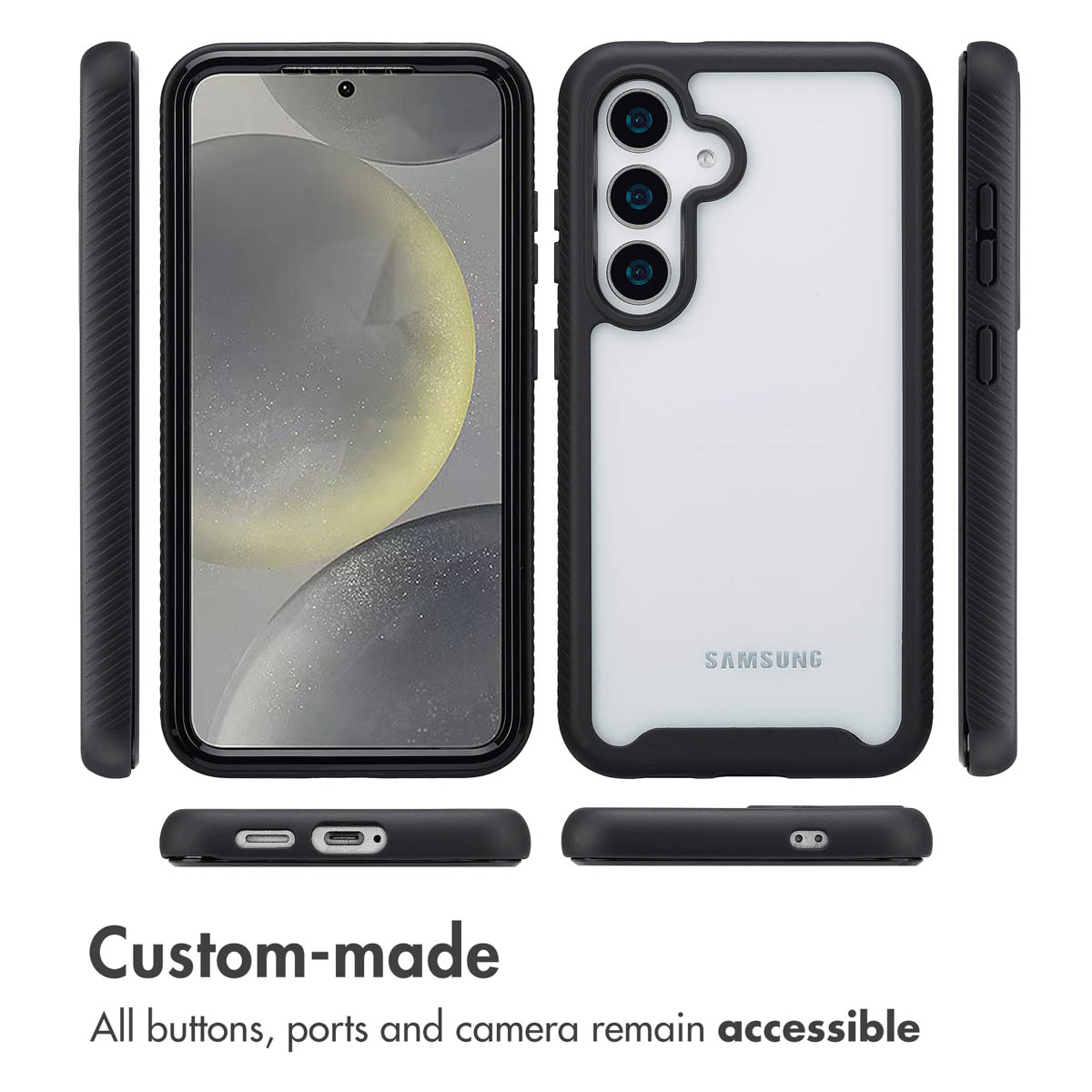 Vistas frontal, trasera y lateral de un smartphone Samsung con funda protectora negra, mostrando puertos y botones.