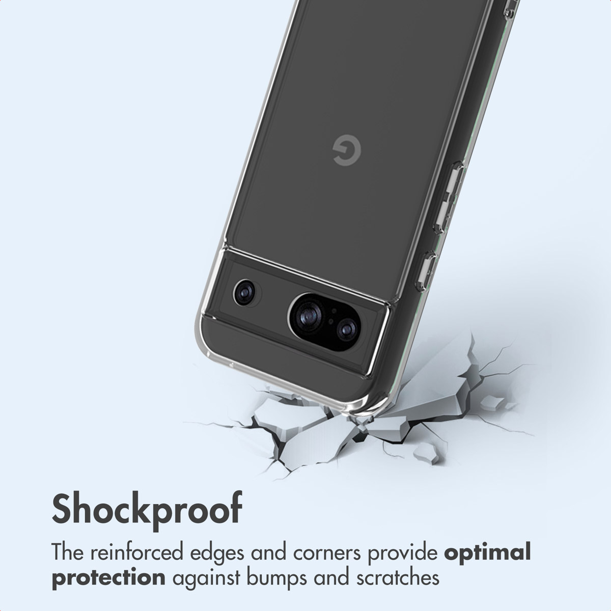 Protection antichoc : Un smartphone dans une coque transparente sur une surface blanche brisée.