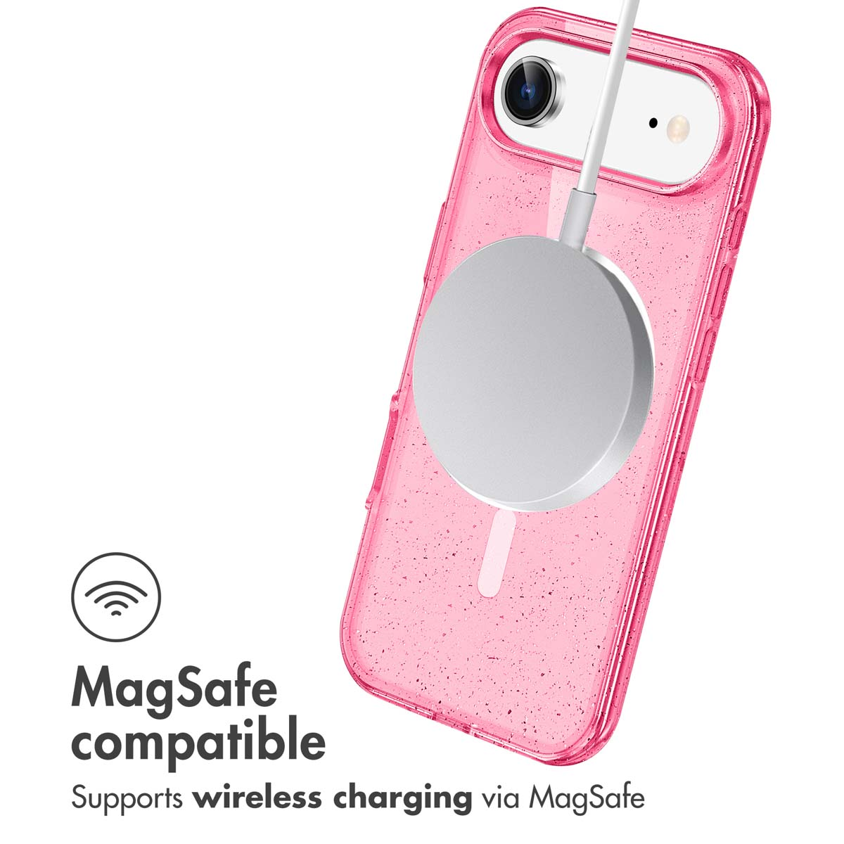 Rosa Smartphone in Glitzerhülle mit angebrachtem runden MagSafe-Ladegerät.