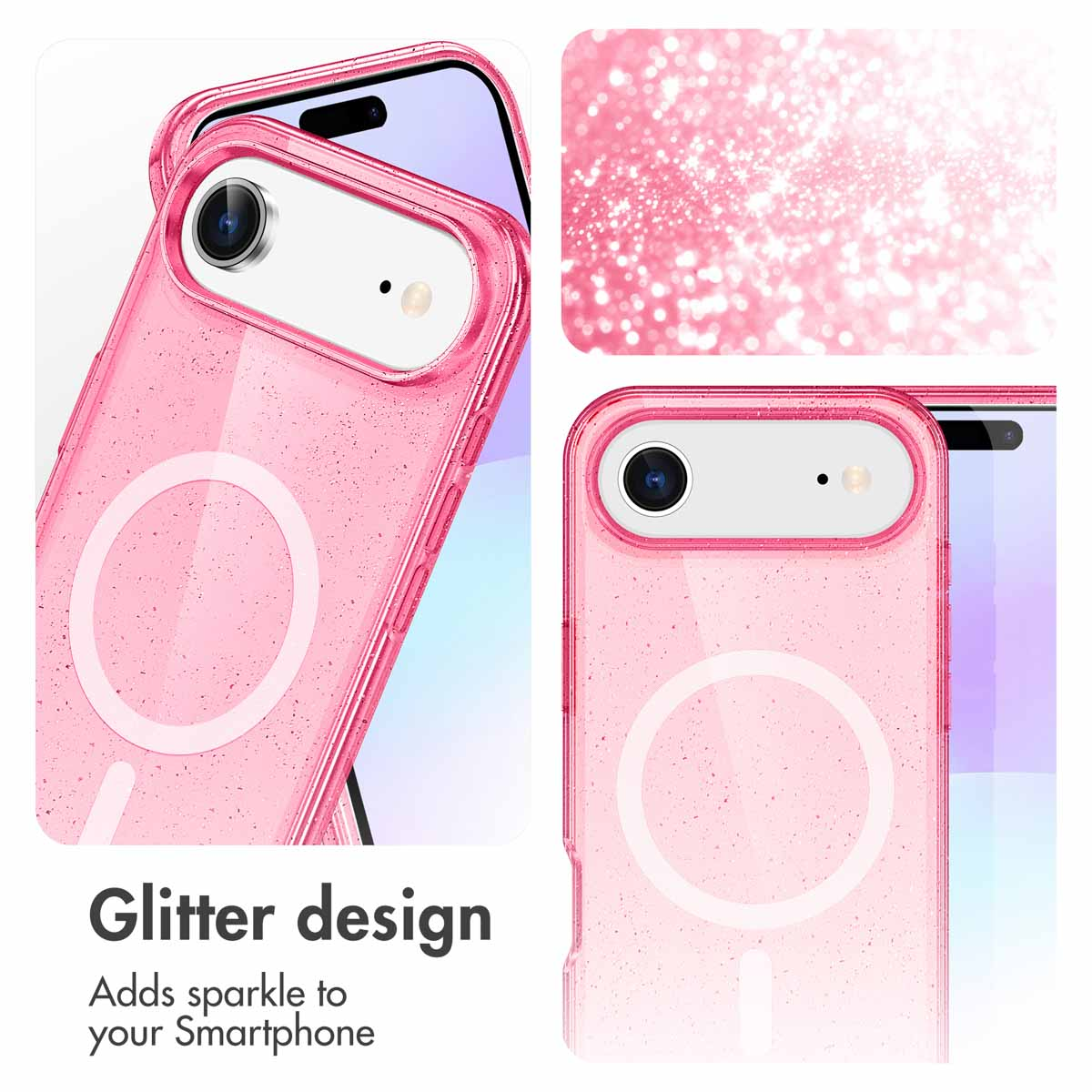 Rosa Smartphone-Hülle mit Glitzerdesign, kreisförmigem MagSafe-Ring und Kameraausschnitt.