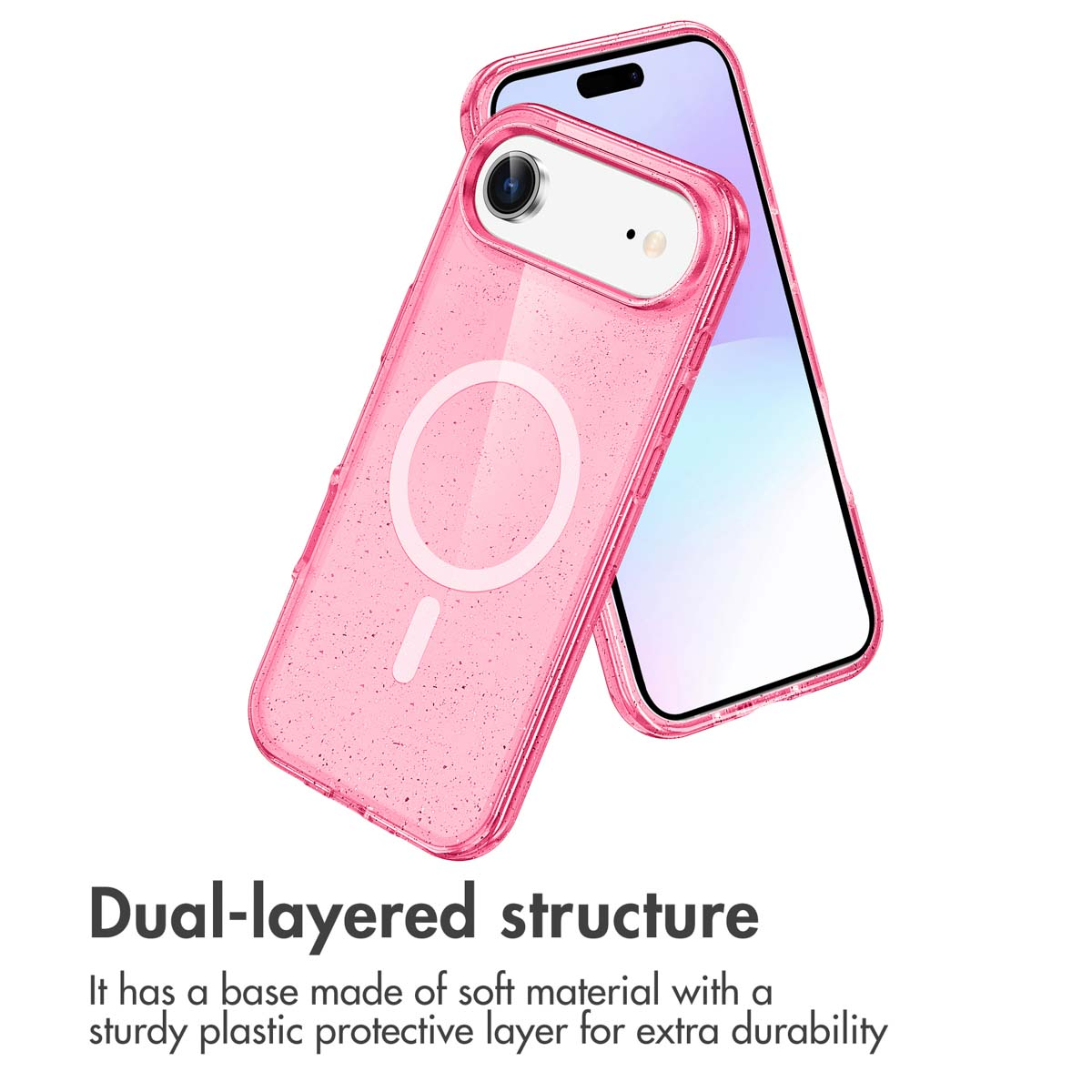 Eine rosa Glitzer-Handyhülle mit MagSafe-Ring, gepaart mit einem Smartphone mit lilafarbenem Bildschirm.