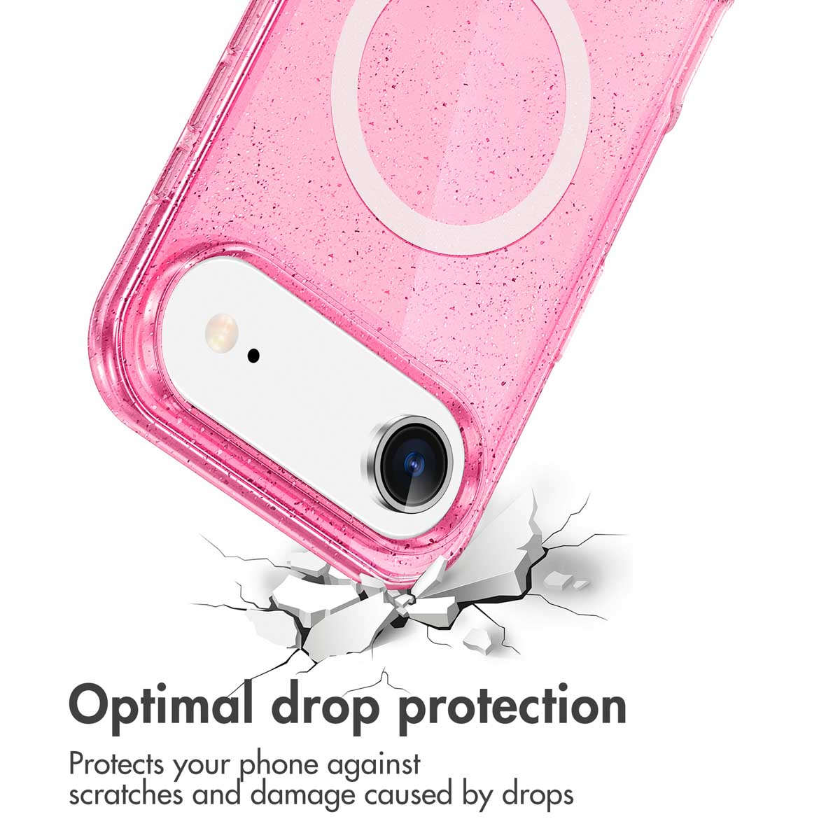 Glitzernde pinke Handyhülle mit MagSafe-Kreis auf weißem Hintergrund und Schutz-Text.