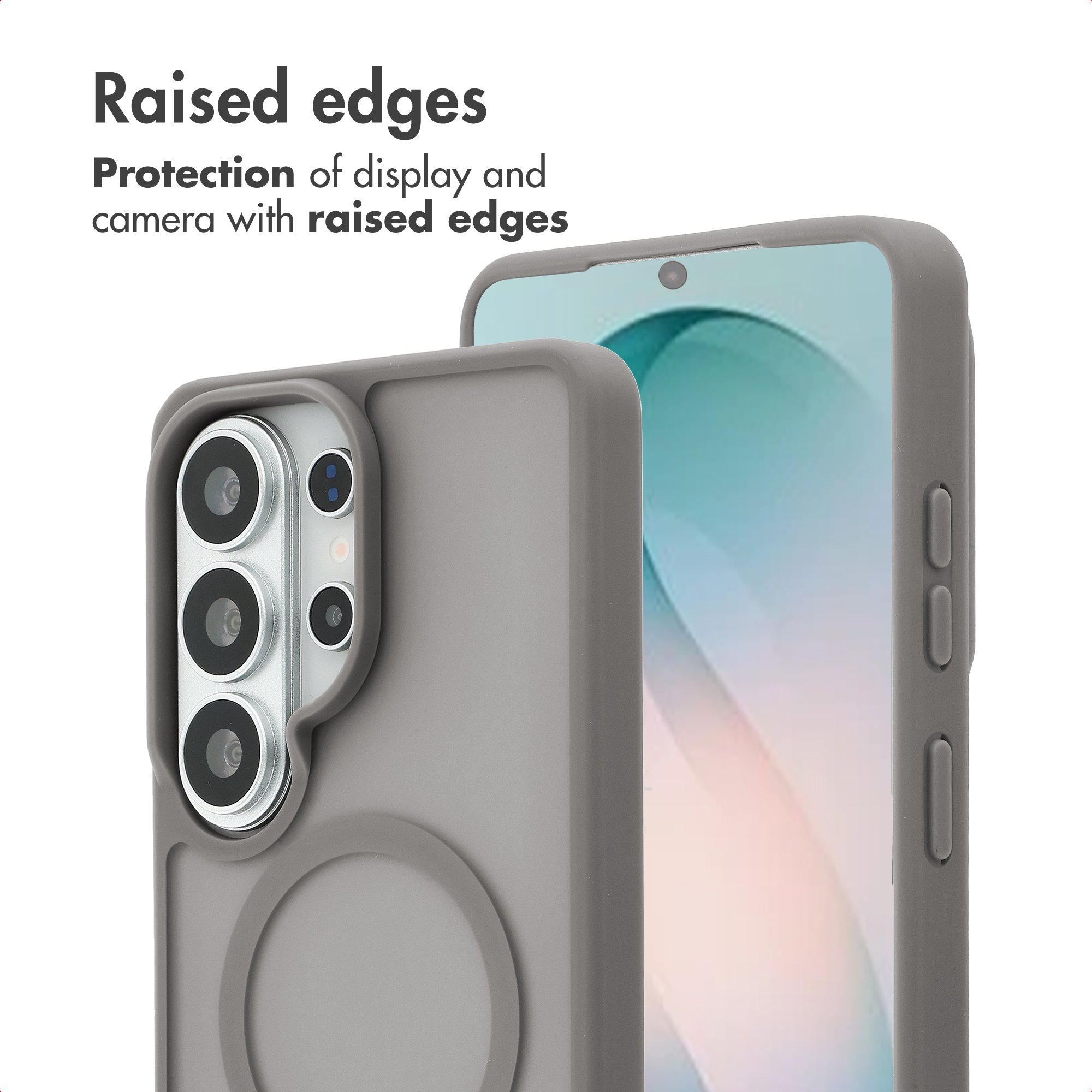 Coque de smartphone grise avec bords surélevés pour protéger l'écran et l'appareil photo sur fond blanc.