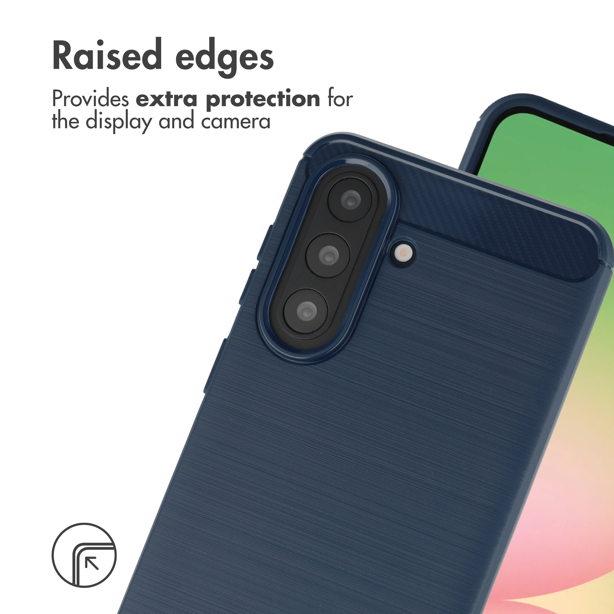 Funda de móvil azul con bordes elevados para protección de pantalla y cámara, texto superpuesto.