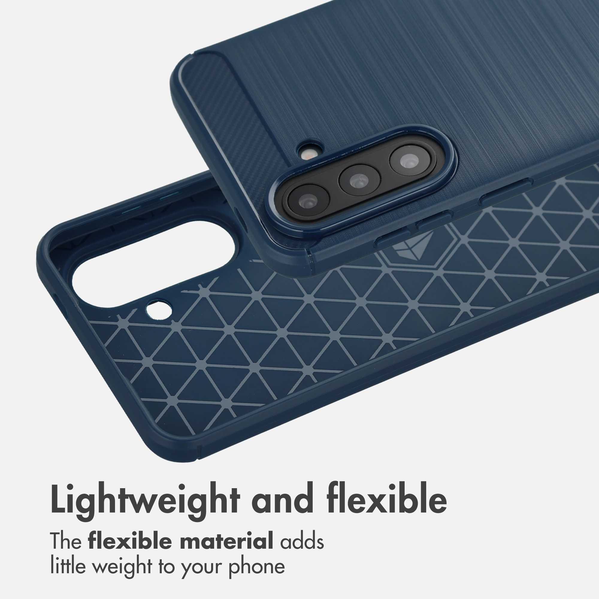 Funda de smartphone azul con diseño cepillado en la parte trasera y patrón triangular en el interior.