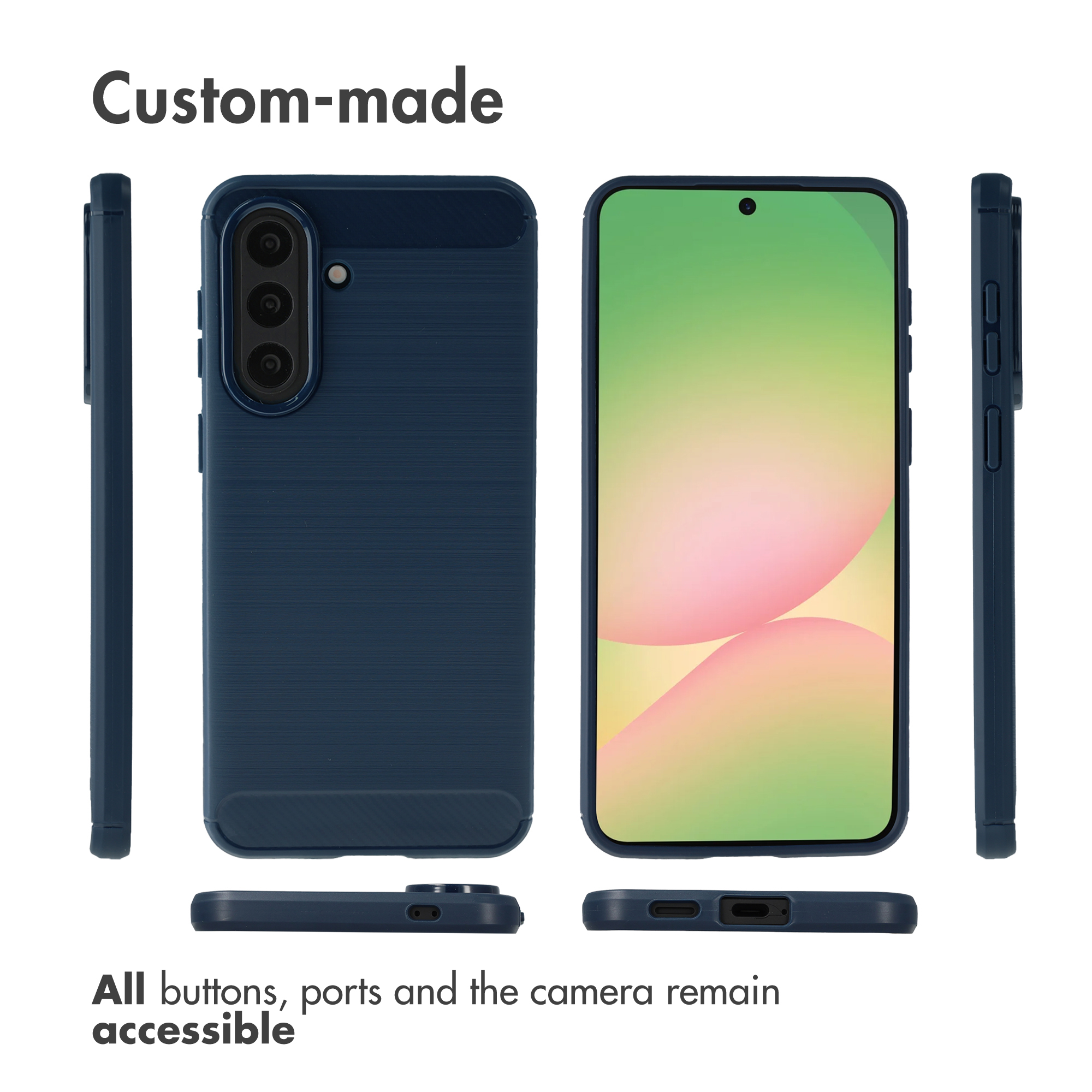 Diferentes ángulos de un teléfono en una funda azul oscura mostrando botones, puertos y cámara.