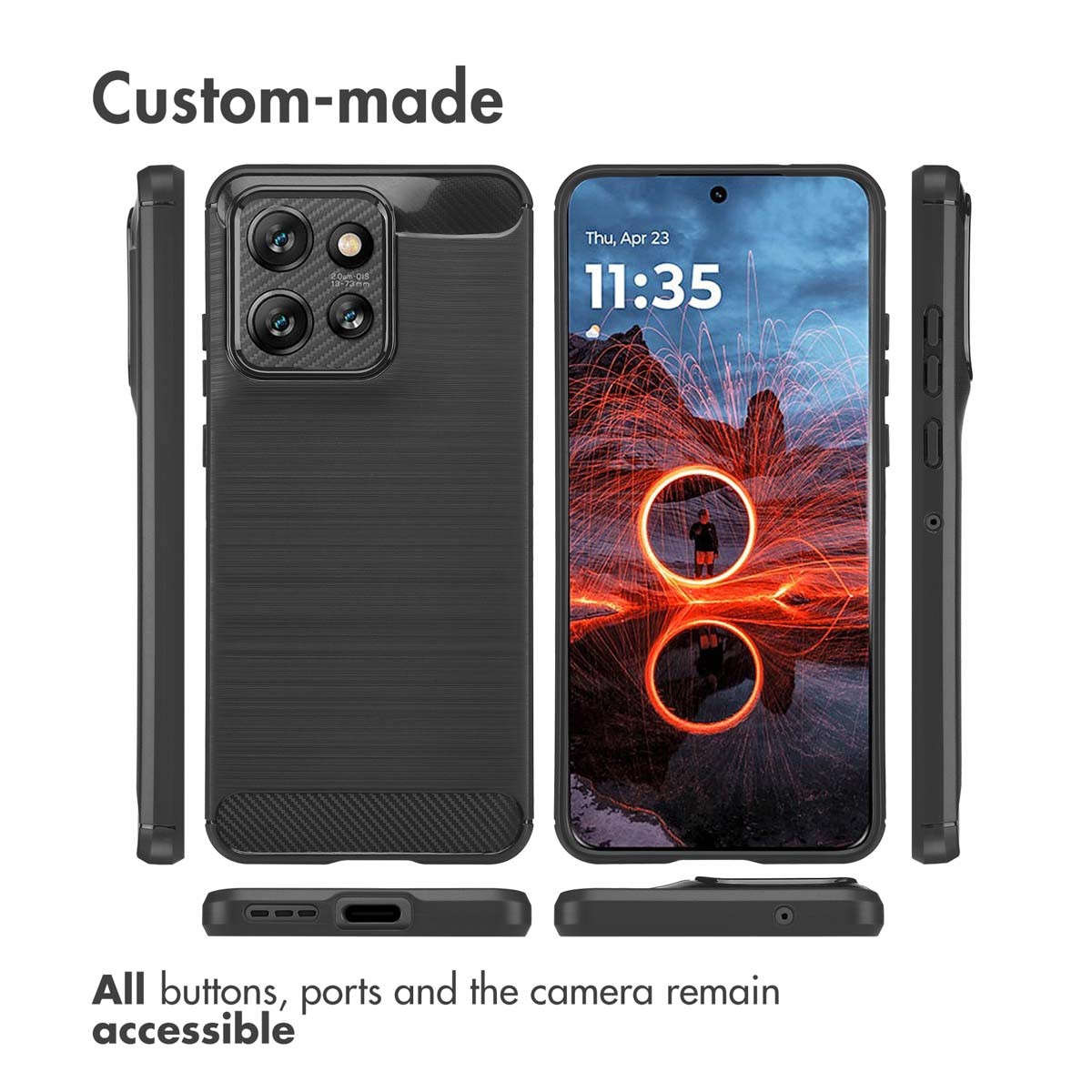 Funda de teléfono negra mostrada desde varios ángulos, destacando botones y cámara.