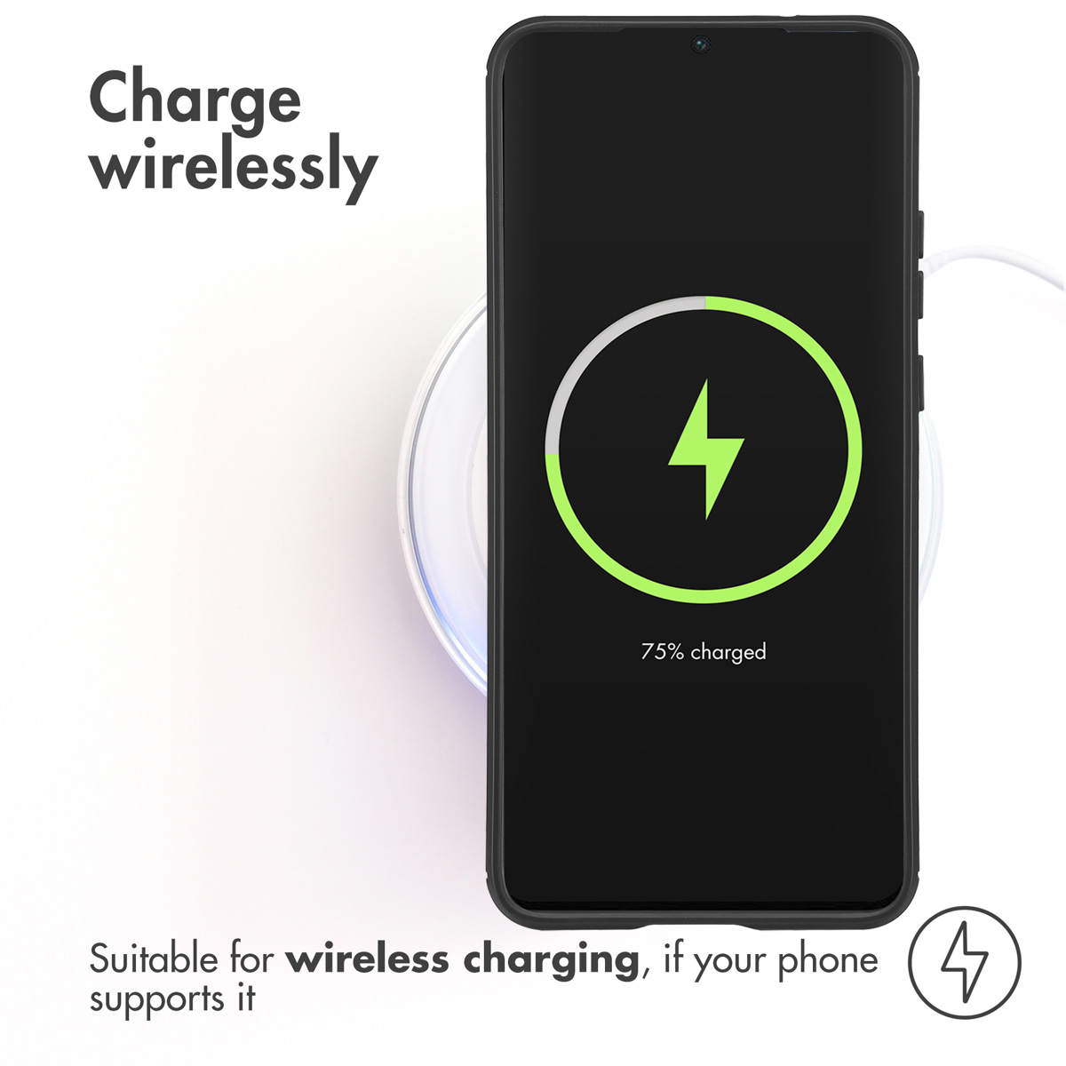 Un teléfono inteligente se carga de forma inalámbrica, la pantalla muestra el 75 por ciento.
