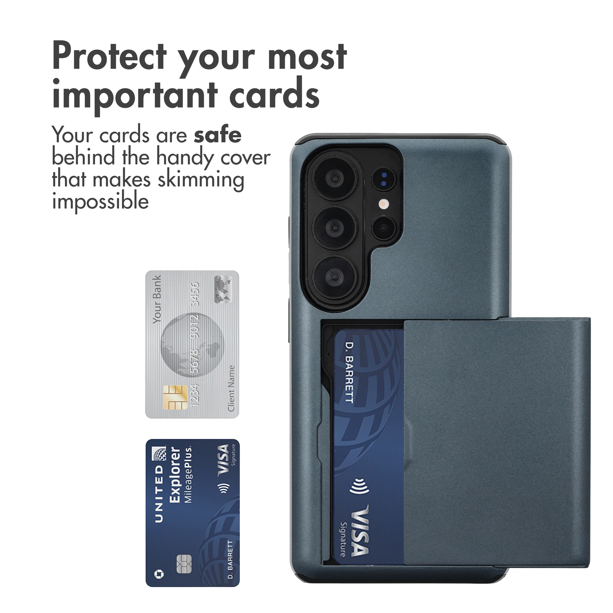 Un teléfono en una funda gris con tarjetero que sostiene una tarjeta Visa, junto a otras dos tarjetas.