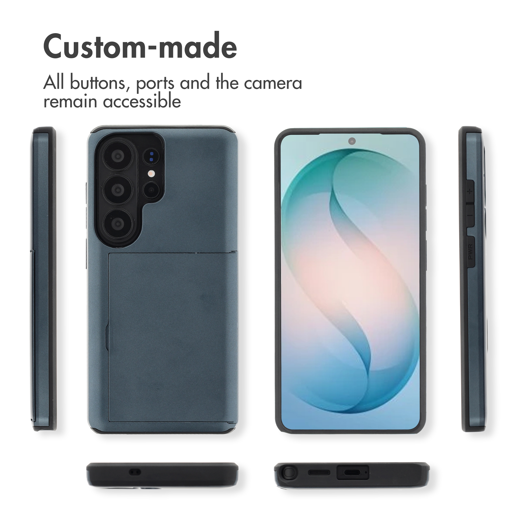 Diferentes vistas de una funda de smartphone que muestran que todos los botones y puertos son accesibles.