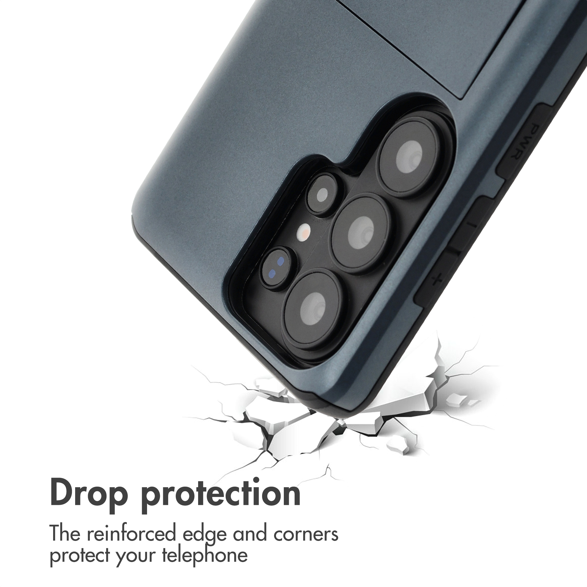 Protección contra caídas: Un smartphone con funda golpea una superficie que se rompe con texto.