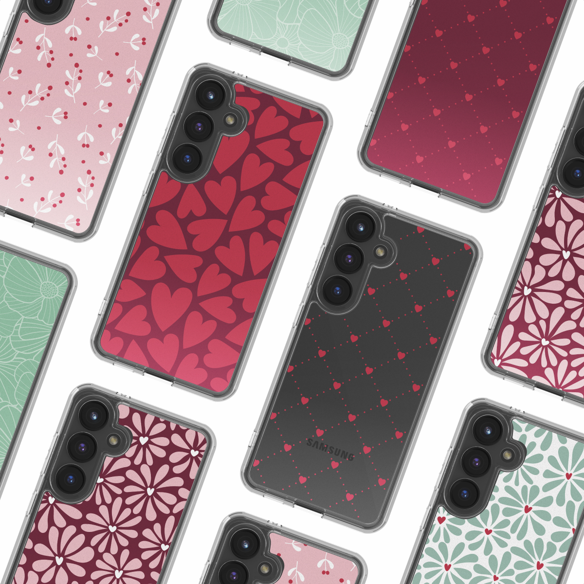 Diverse cover per smartphone colorate con motivi di cuori, fiori e bacche su sfondo bianco.