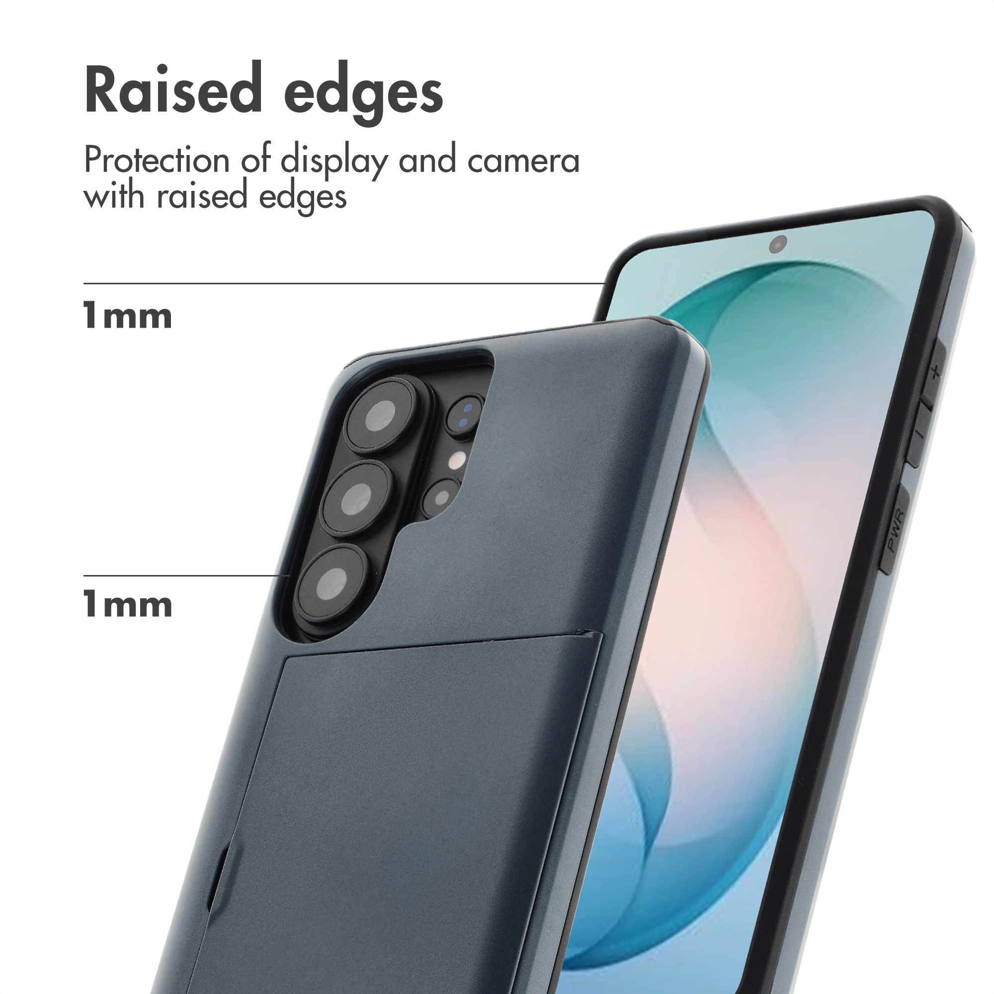 Smartphone con funda de bordes elevados de 1 mm que protegen pantalla y cámara.