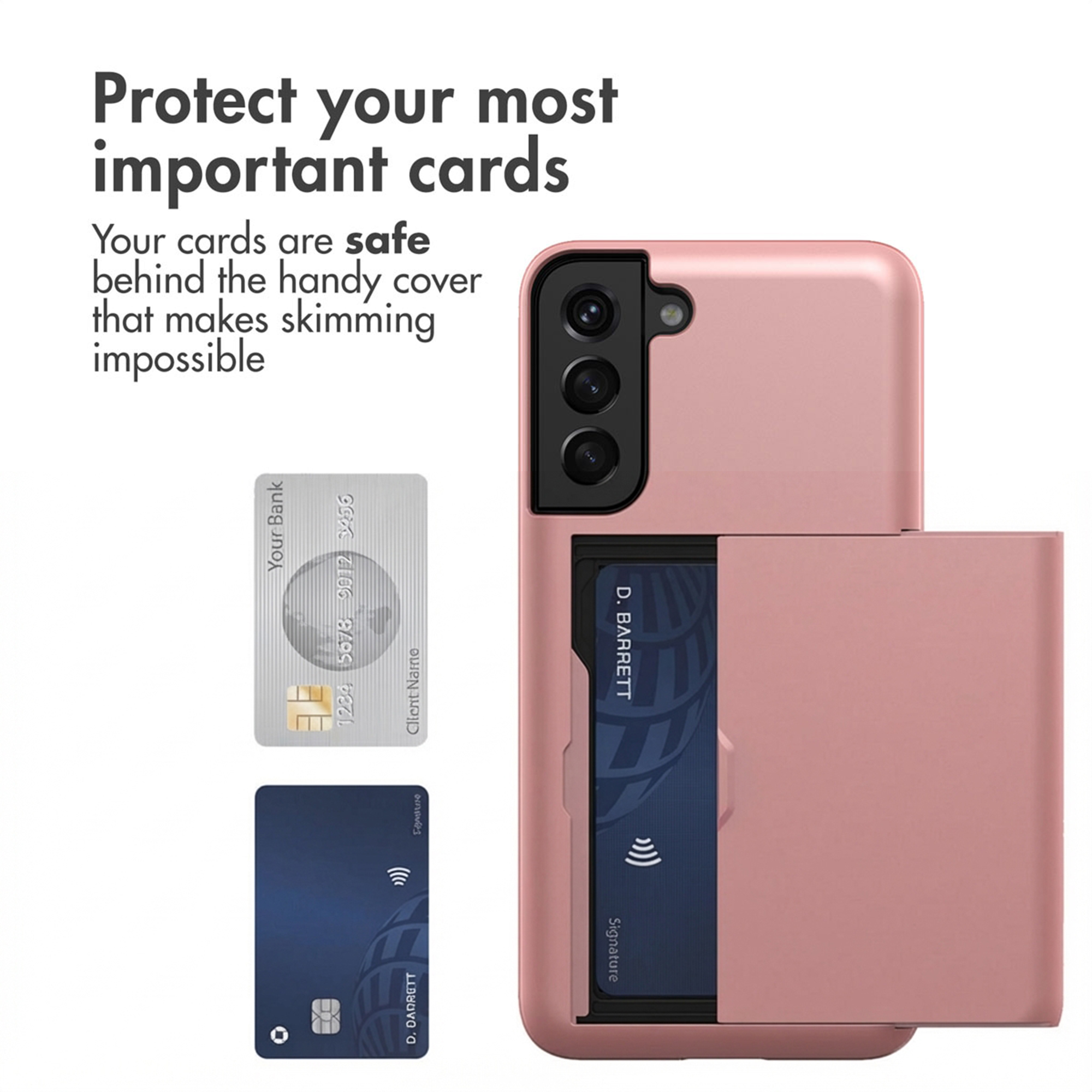 Un smartphone rose avec un porte-carte coulissant à l'arrière et deux cartes de crédit à côté.