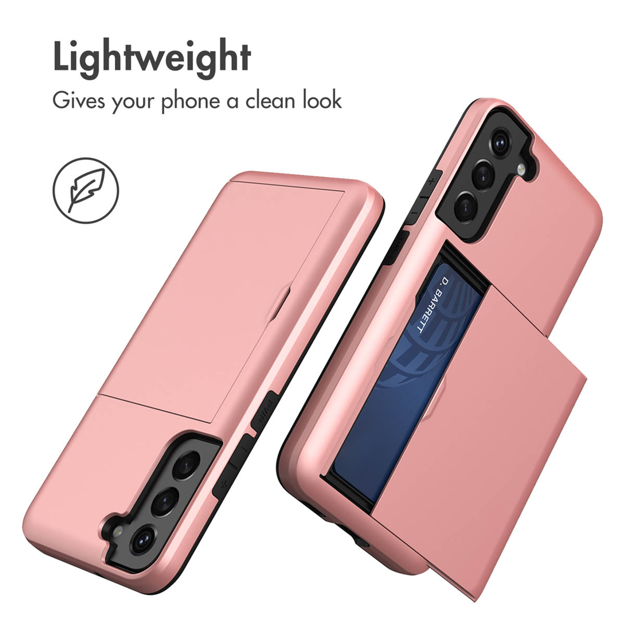 Deux coques de téléphone roses, l'une avec une carte à l'arrière.