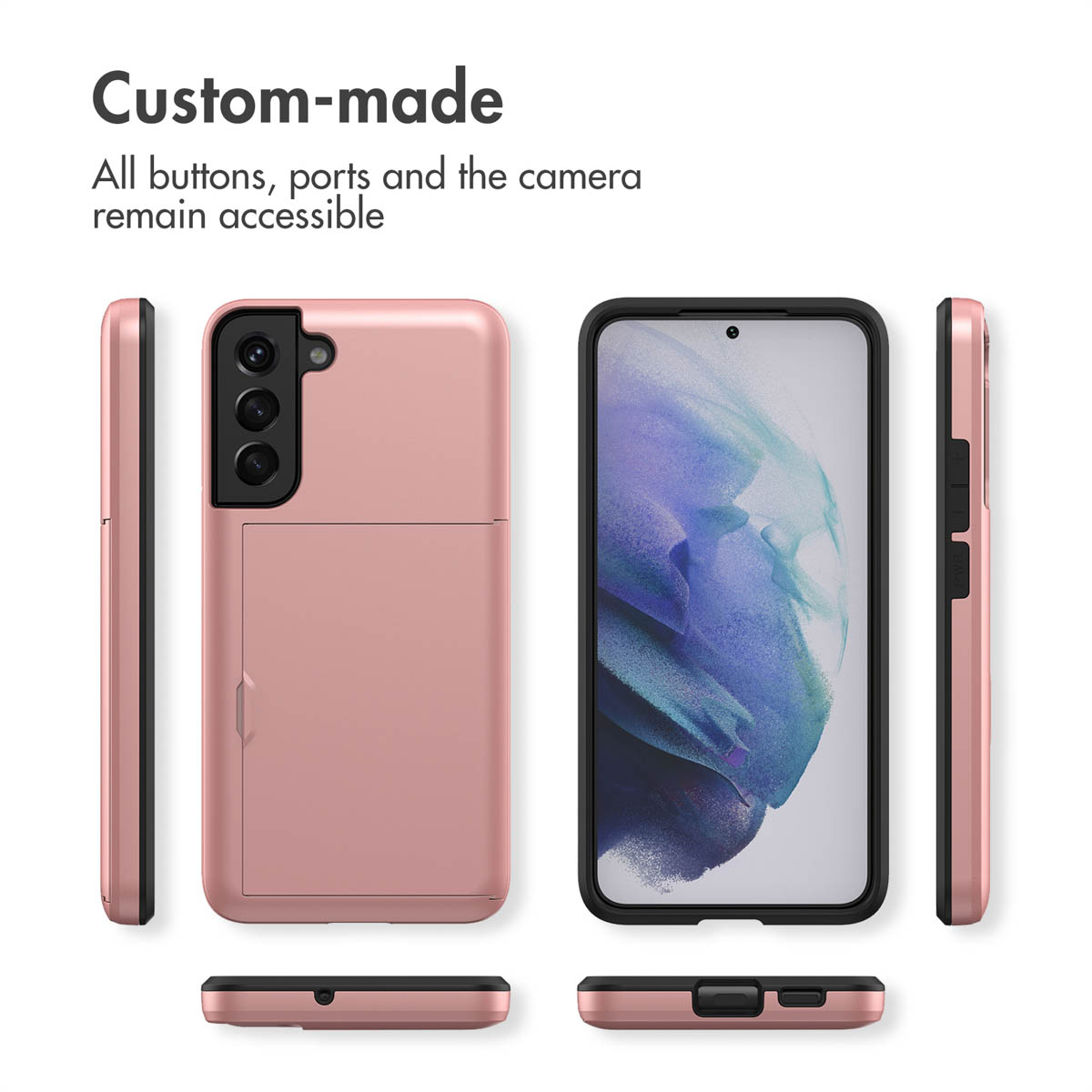 Coque de smartphone rose sous plusieurs angles, mettant en valeur les boutons, ports et caméra accessibles.