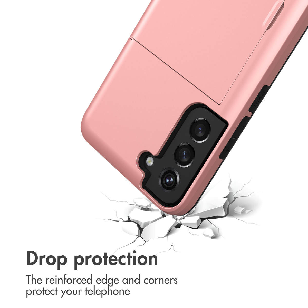 Coque de smartphone rose heurtant une surface fissurée avec texte de protection.