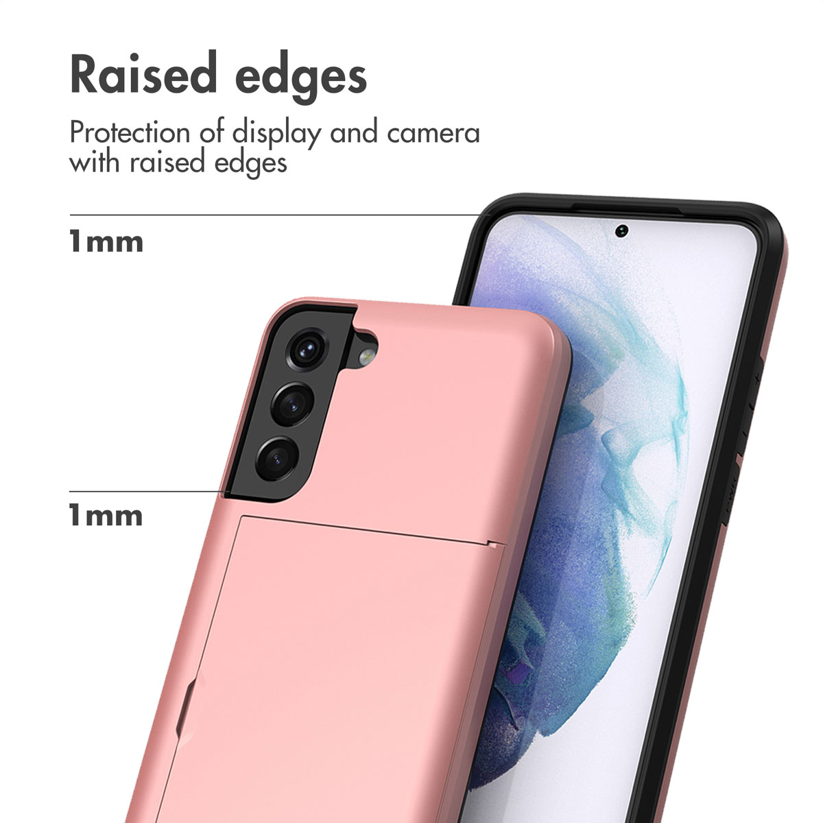 Une coque rose avec porte-cartes montre des bords surélevés de 1 mm pour l'écran et la caméra.