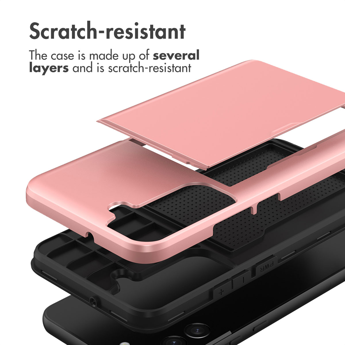Vue éclatée d'une coque de téléphone multicouche résistante aux rayures au-dessus d'un smartphone.