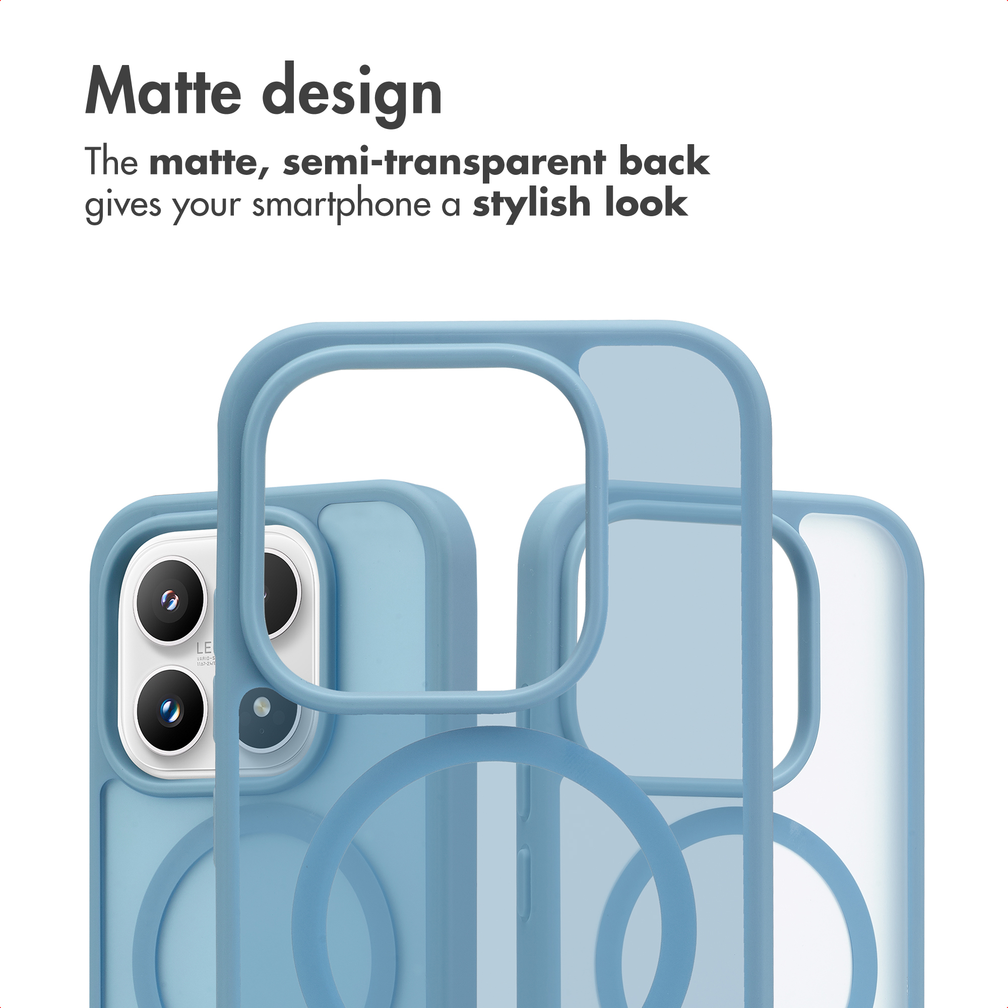 Funda de smartphone azul mate semitransparente con recorte para cámara y texto arriba.