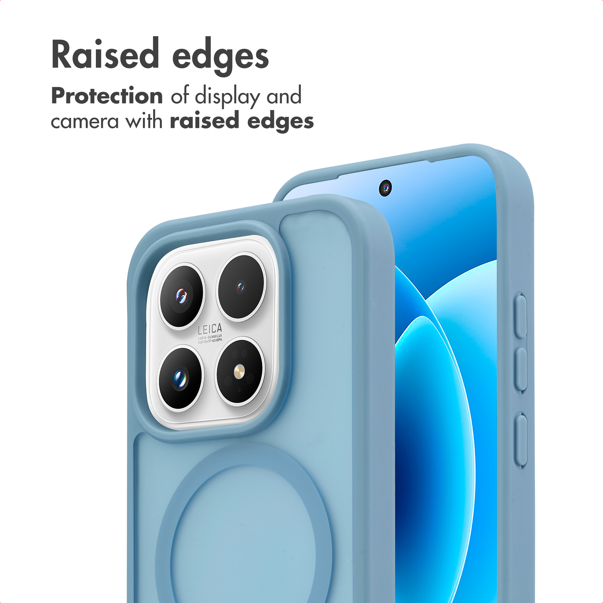 Funda azul para smartphone con bordes elevados para proteger la pantalla y la cámara.
