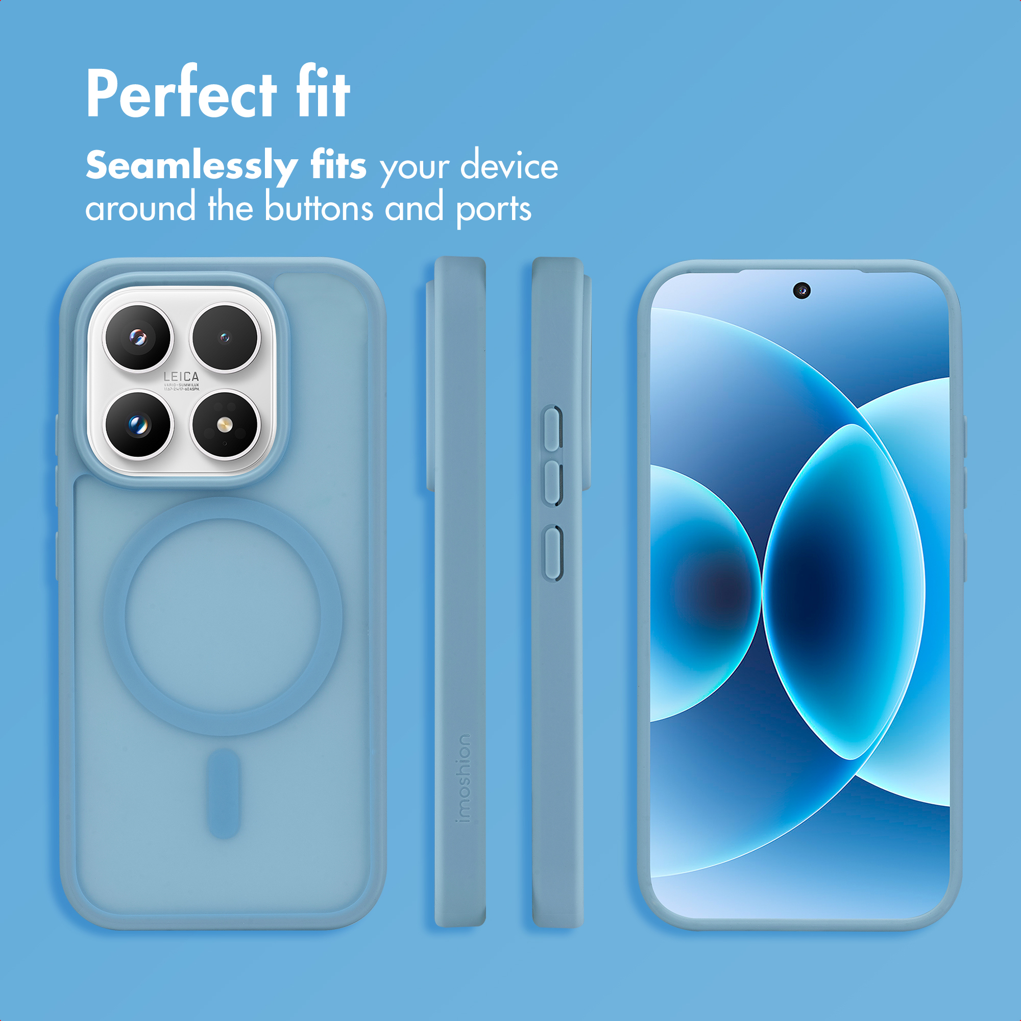 Funda de teléfono azul mostrada por detrás, lateral y frente con un teléfono sobre fondo azul.