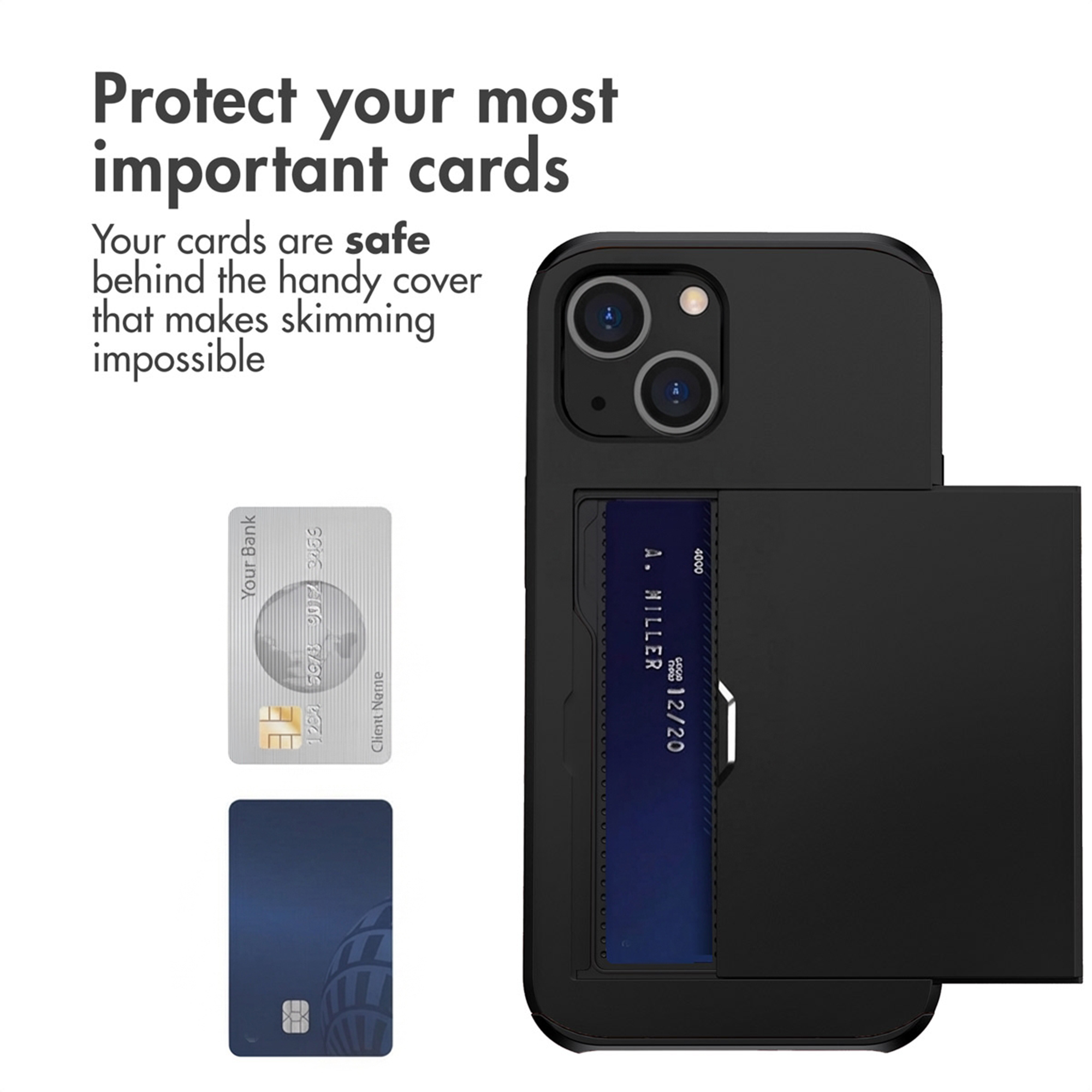 Coque de téléphone noire avec porte-cartes intégré et texte sur la protection.