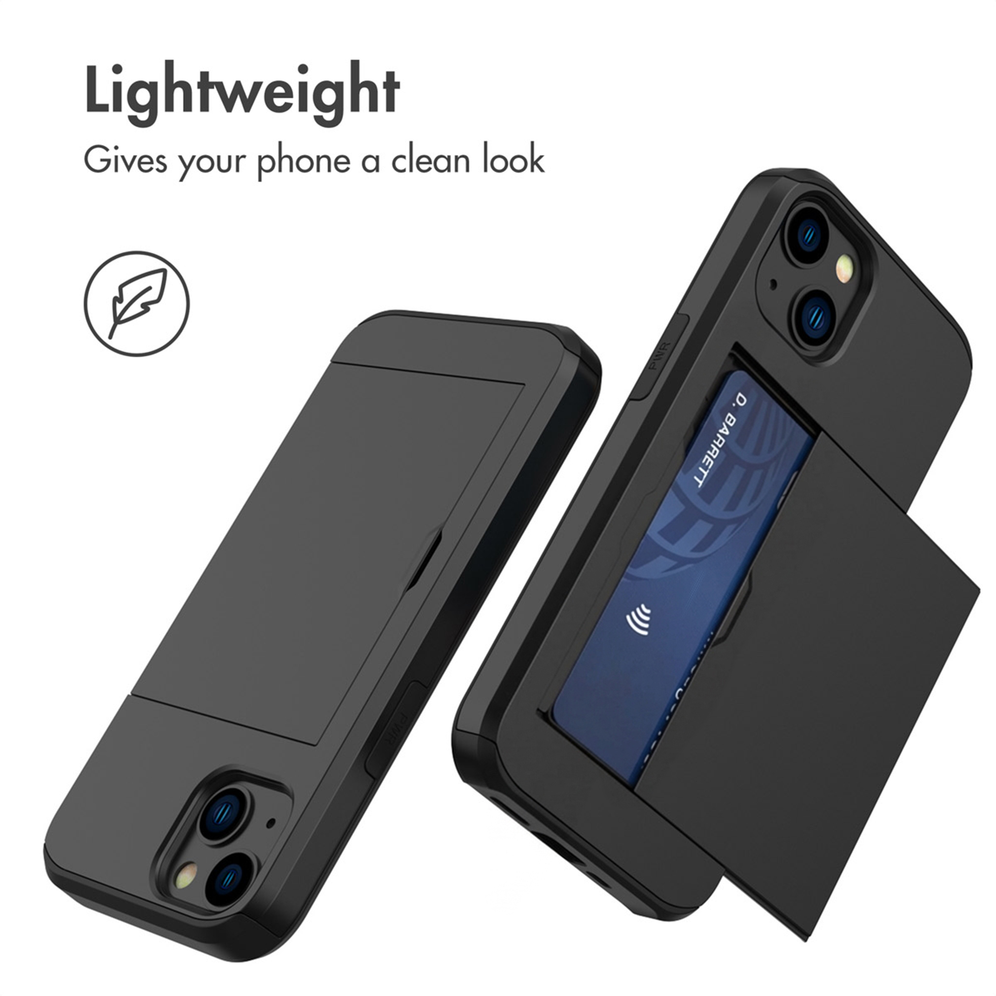 Deux coques de téléphone noires avec porte-cartes, l'une montrant une carte.
